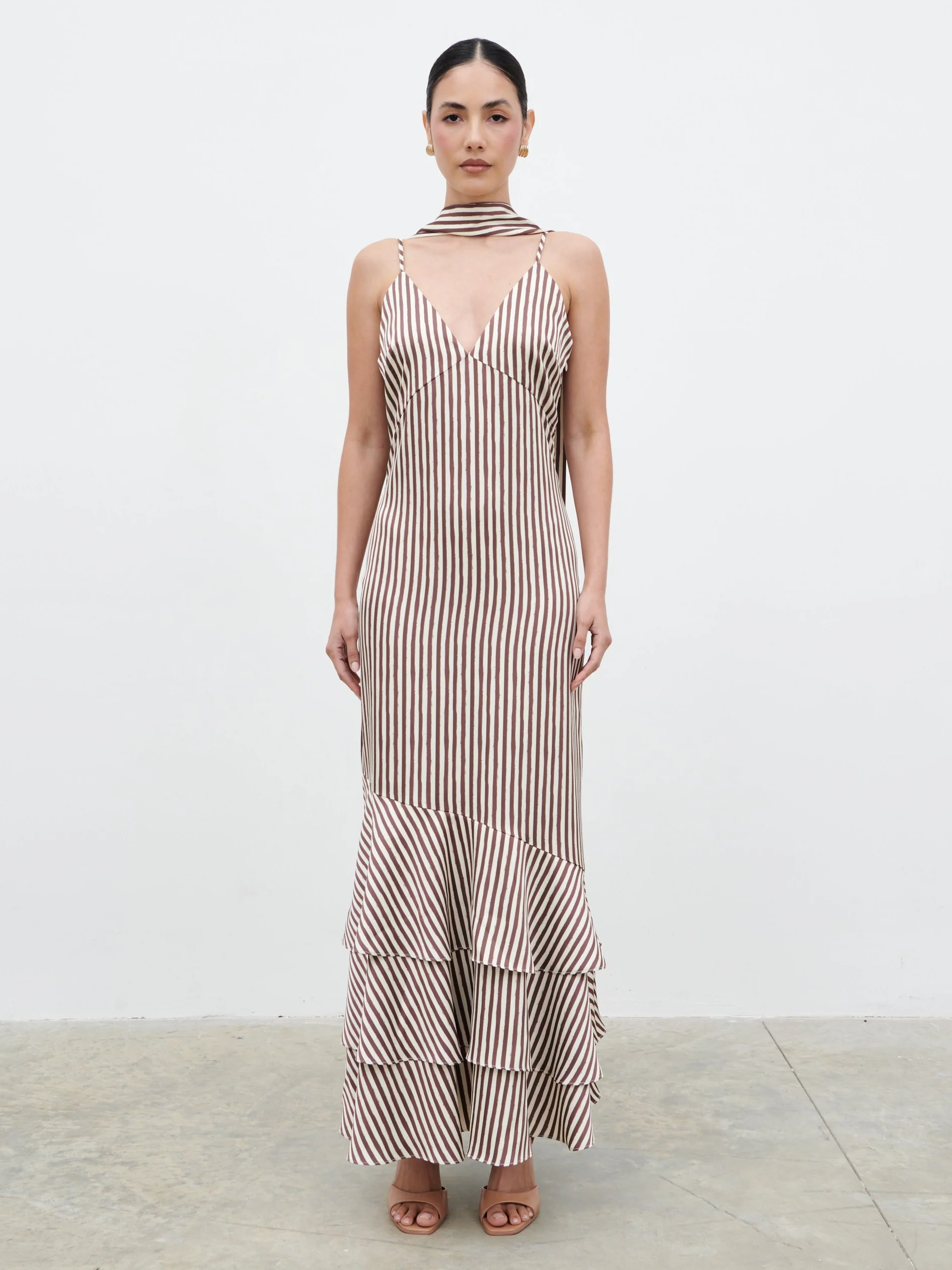 Serita V Neck Tiered Maxi Dress - Brown and Cream Stripe - Image 8
