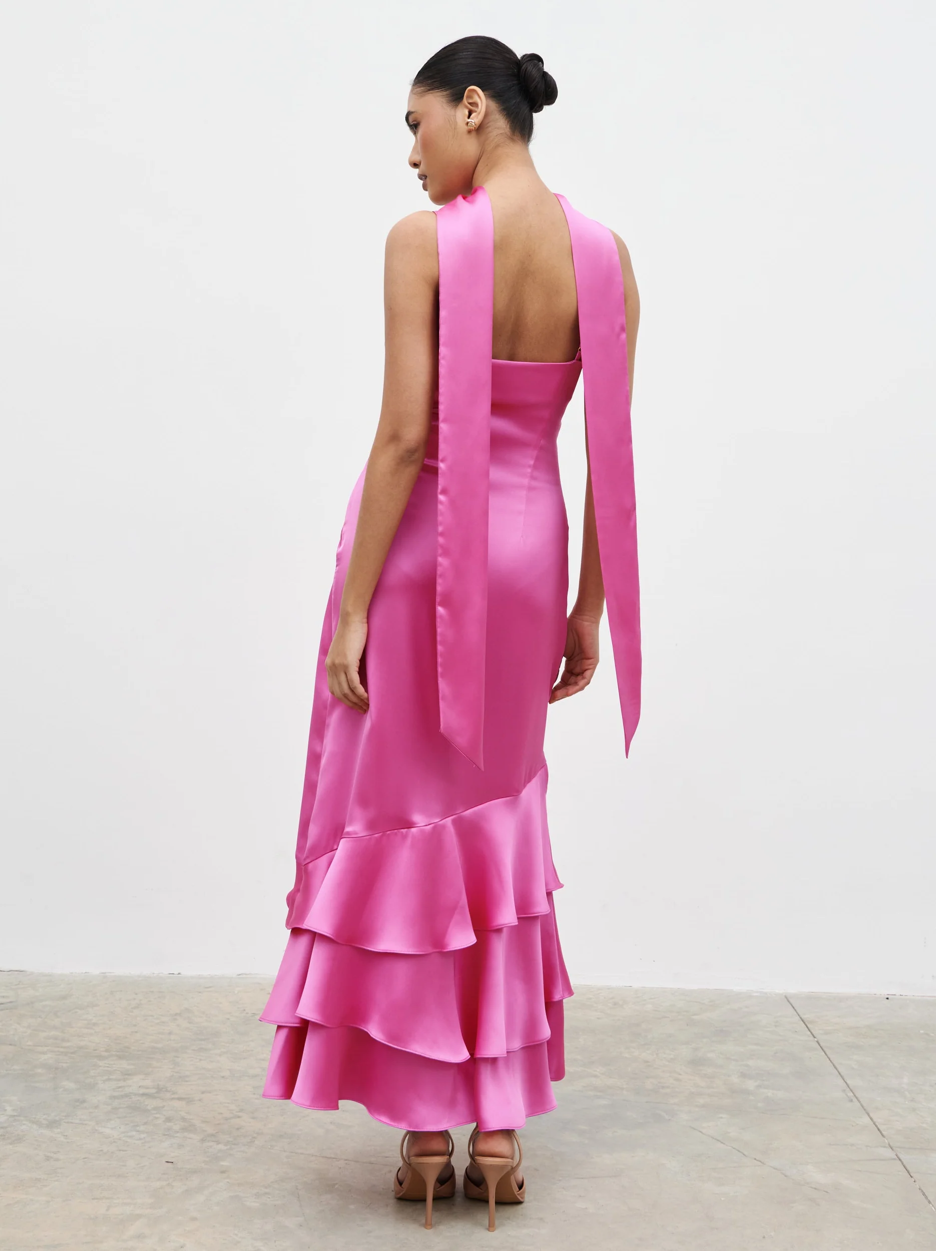 Serita V Neck Tiered Maxi Dress - Fuchsia Satin - Image 4
