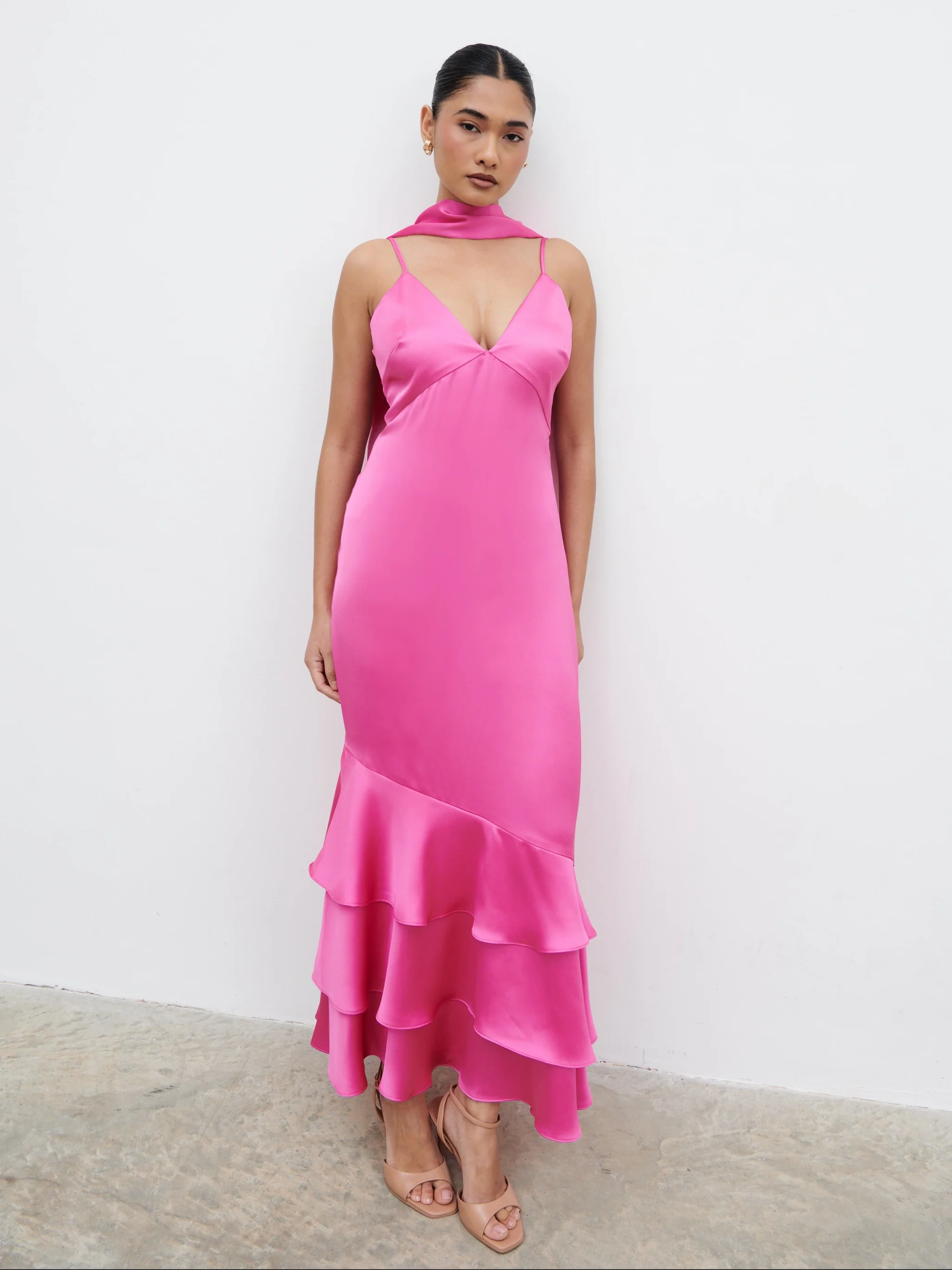 Serita V Neck Tiered Maxi Dress - Fuchsia Satin - Image 5