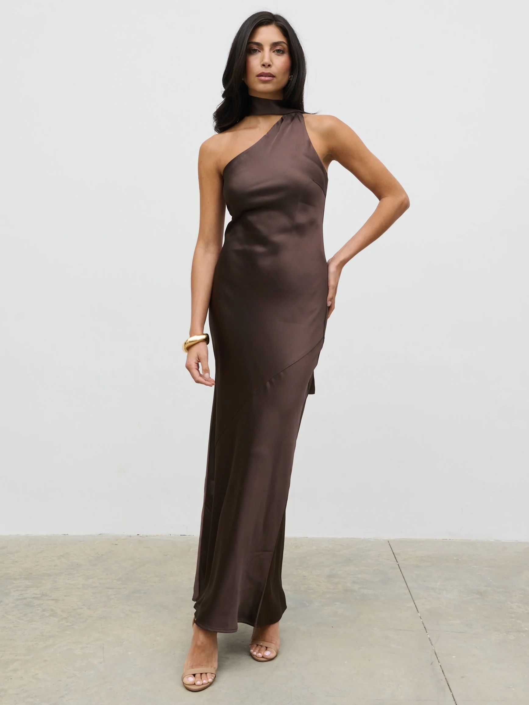 Sheree One Shoulder Sash Maxi Dress - Chocolate Brown - Image 5