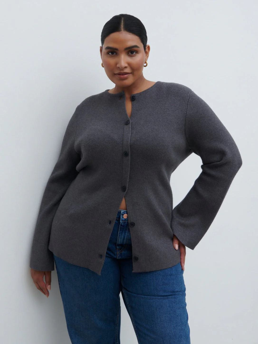Shyla Fitted Knit Cardigan Curve - Charcoal - Image 4