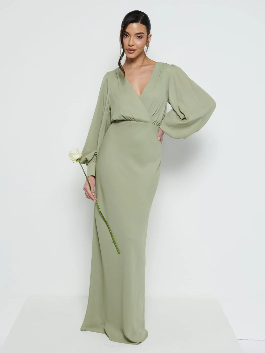 Sienna Long Sleeve Chiffon Bridesmaid Dress - Olive - Image 4
