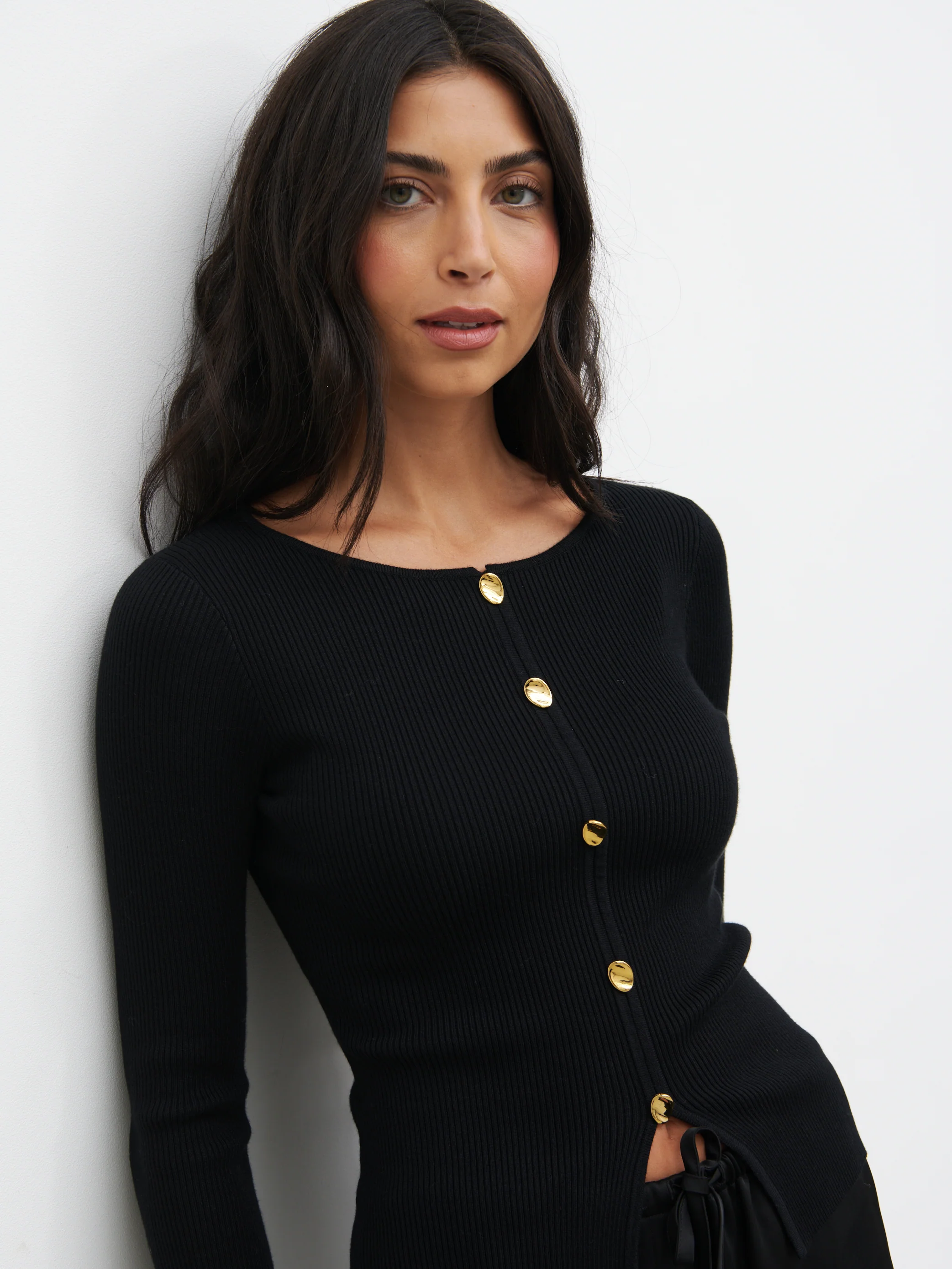 Sissi Fine Knit Button Detail Top - Black - Image 4