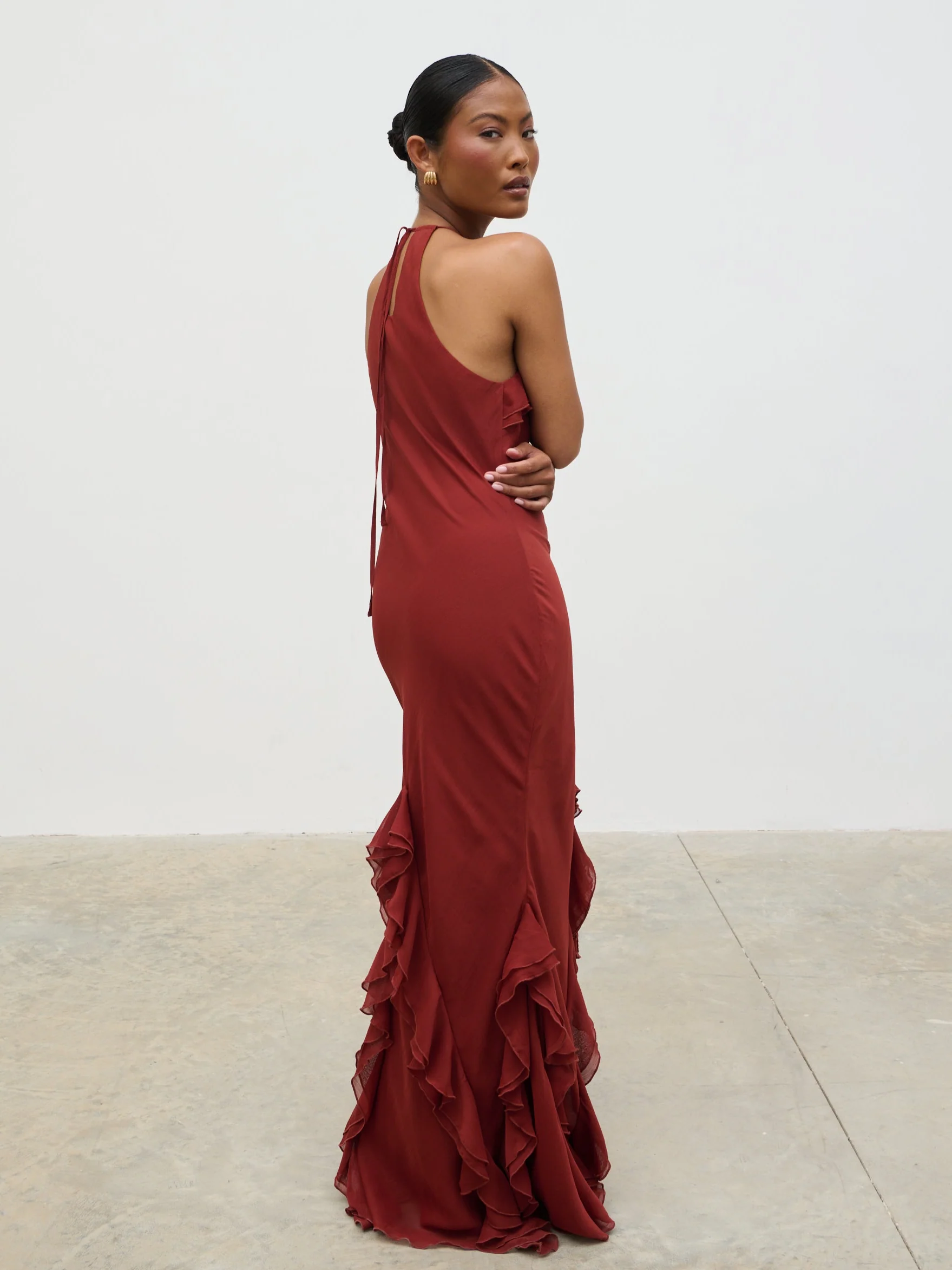Sofia Halter Neck Ruffle Maxi Dress - Rust - Image 2