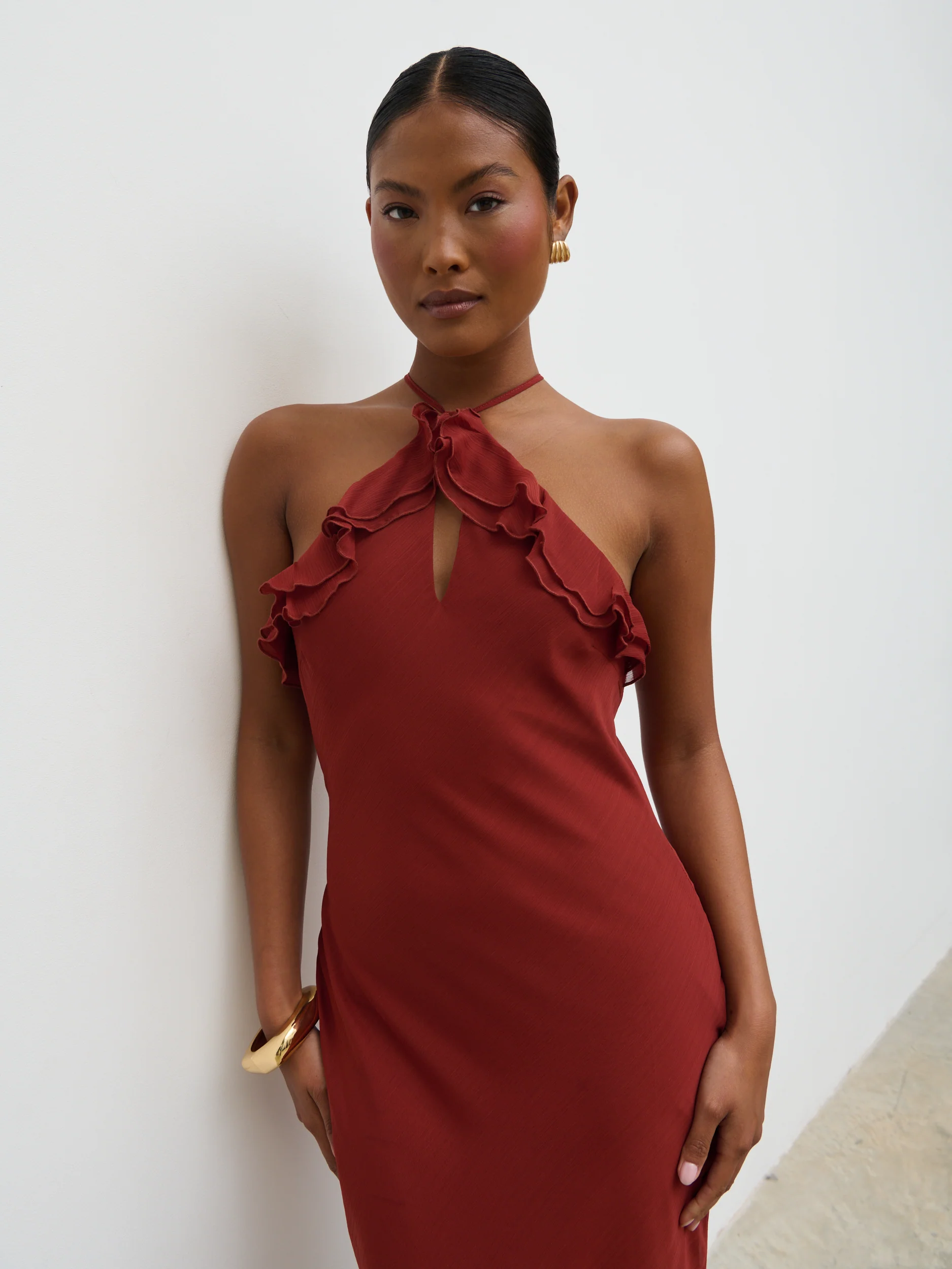 Sofia Halter Neck Ruffle Maxi Dress - Rust - Image 3