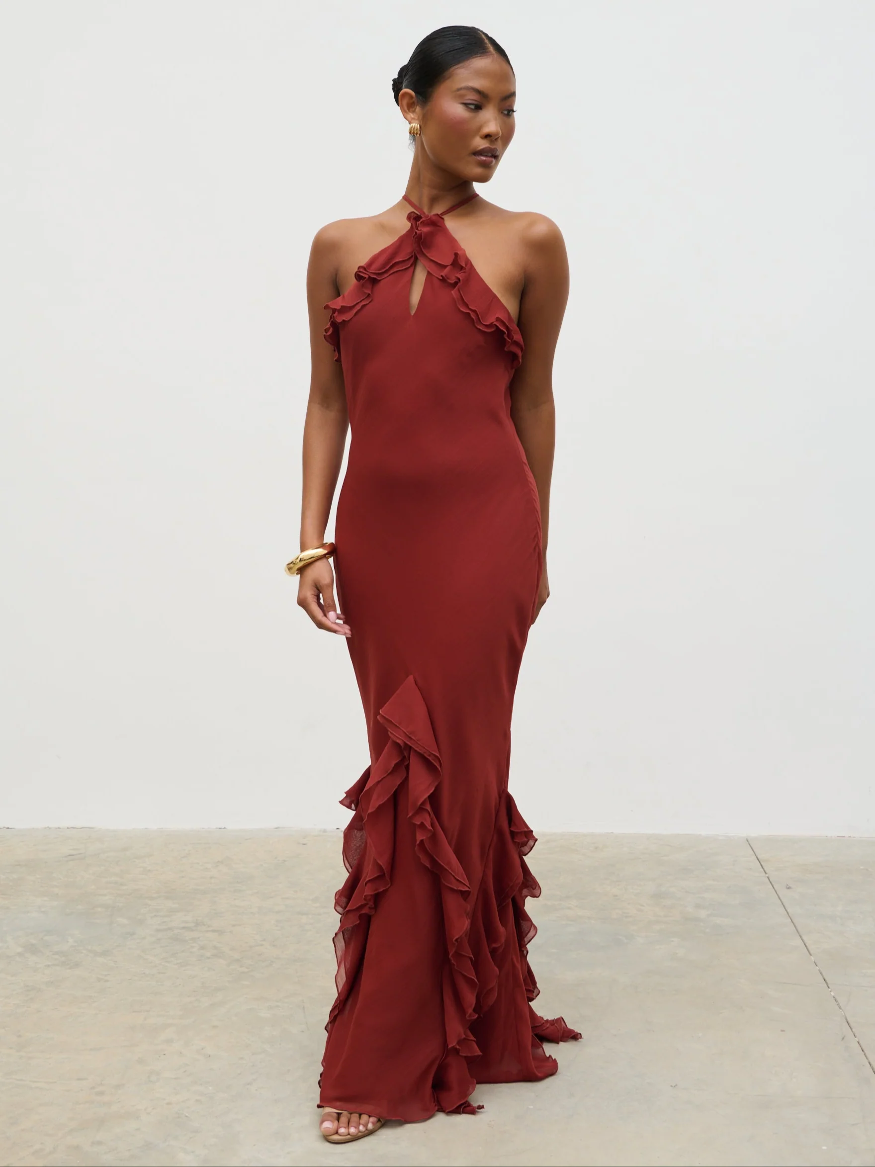 Sofia Halter Neck Ruffle Maxi Dress - Rust - Image 4