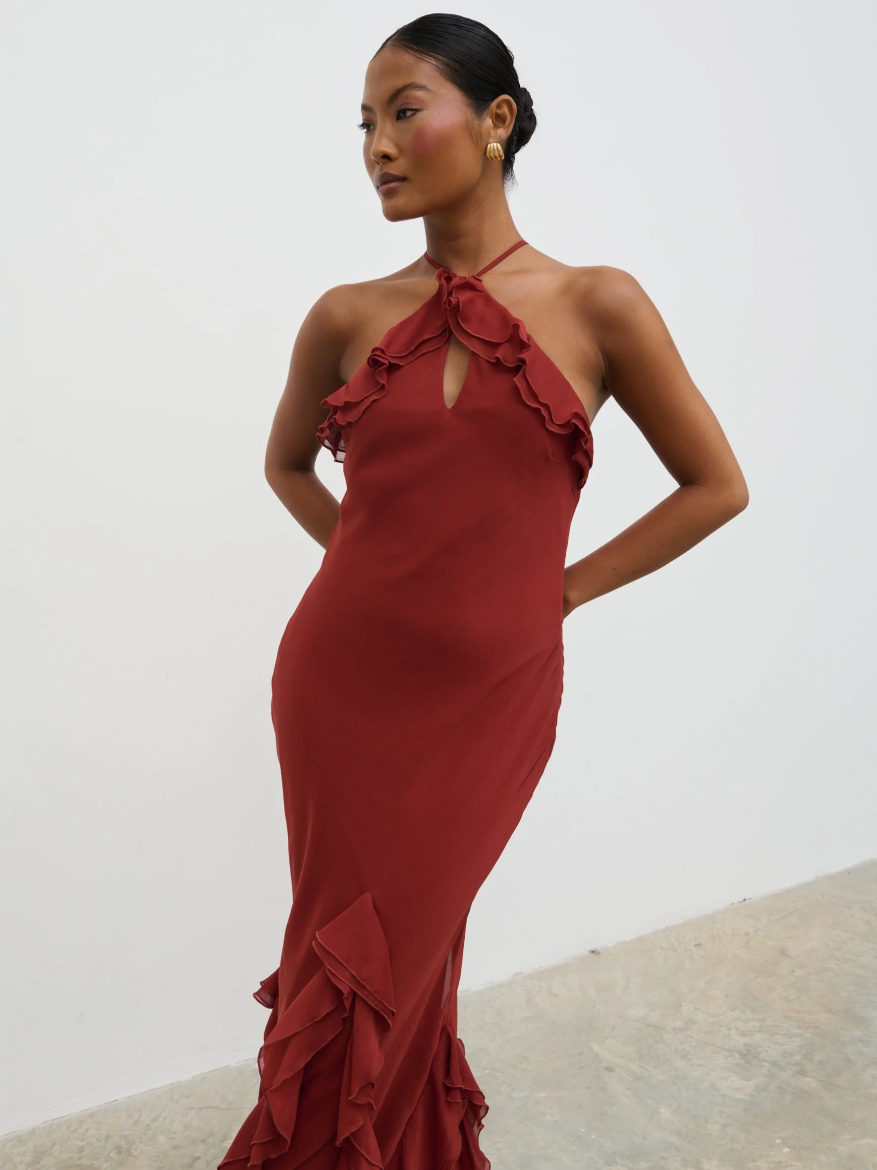 Sofia Halter Neck Ruffle Maxi Dress - Rust - Image 5