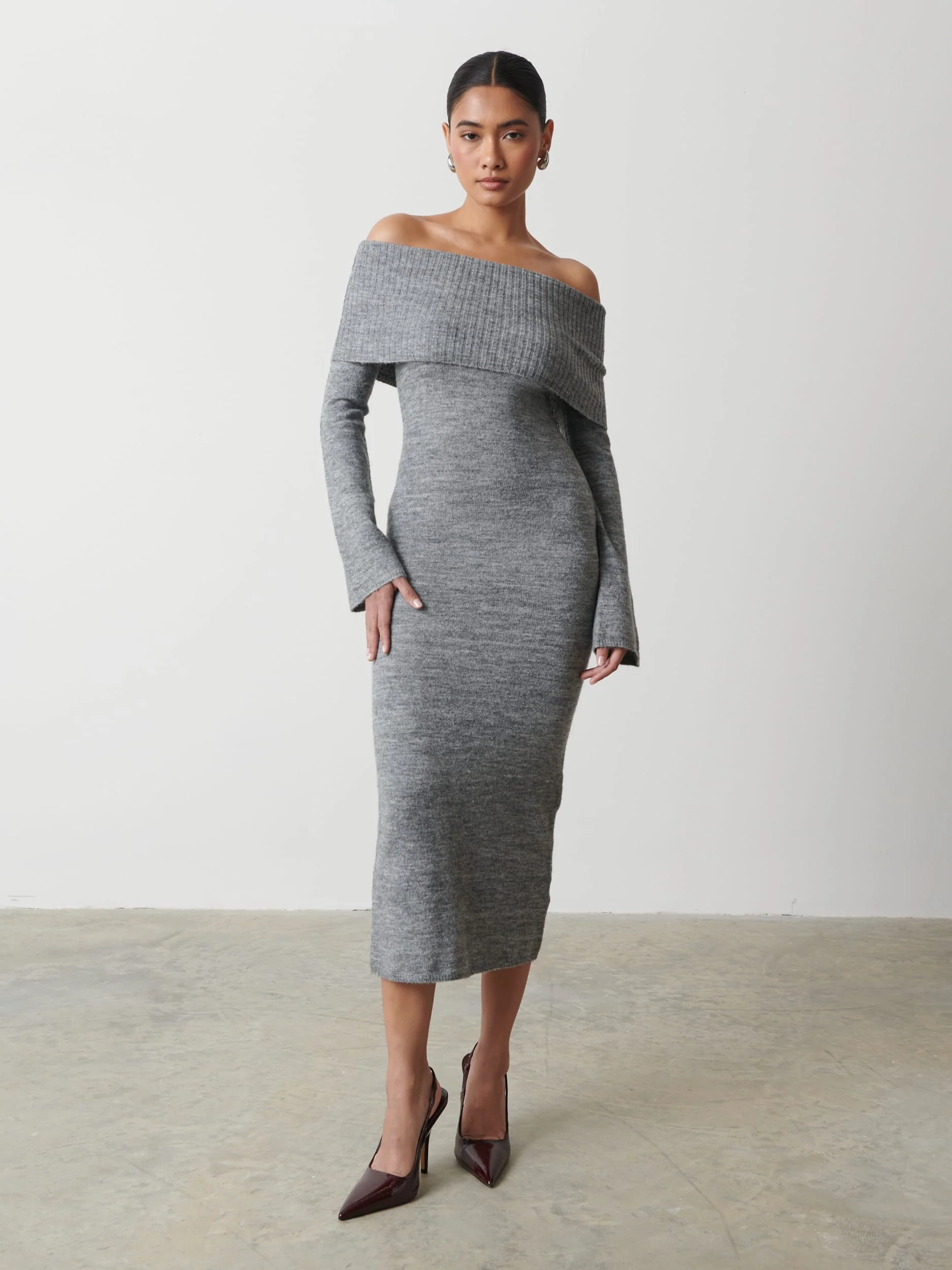 Soreya Bardot Soft Knit Dress - Charcoal - Image 3