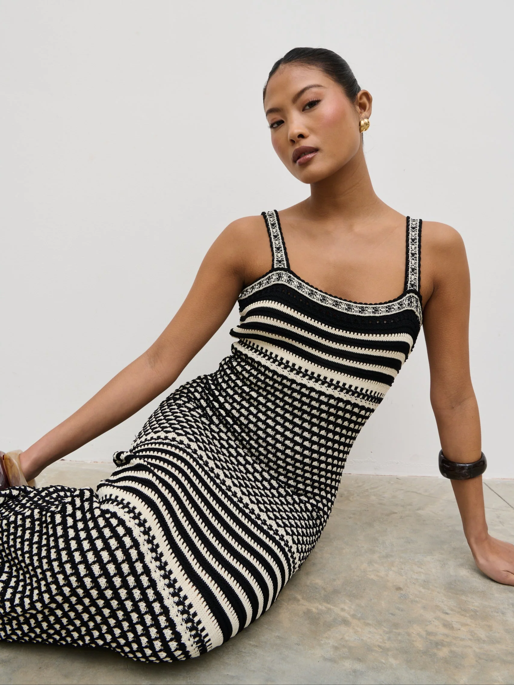 Tammy Crochet Knit Maxi Dress - Black and Cream - Image 6