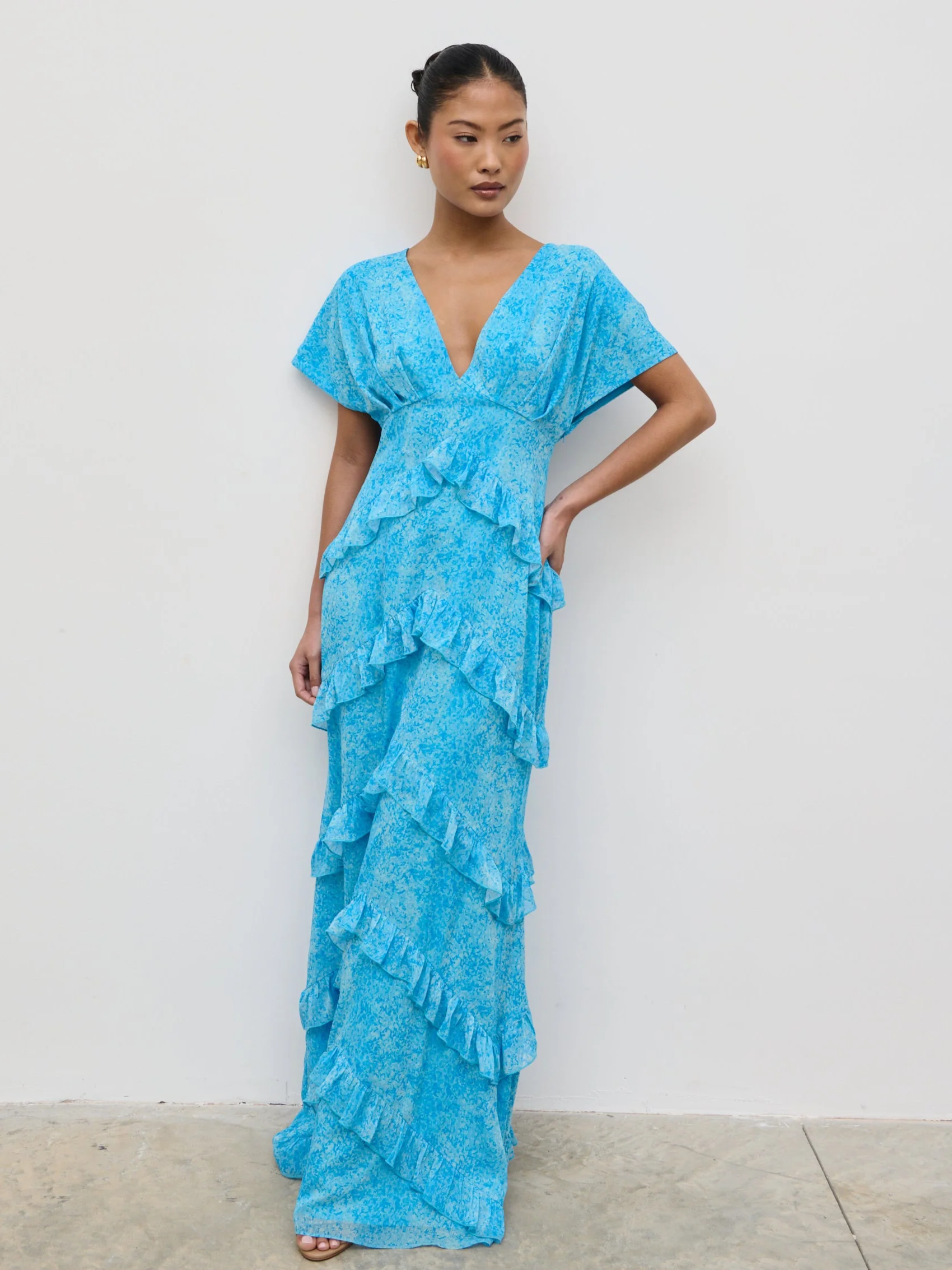 Tamsin Ruffle Chiffon Dress - Blue Multi Abstract Print - Image 5