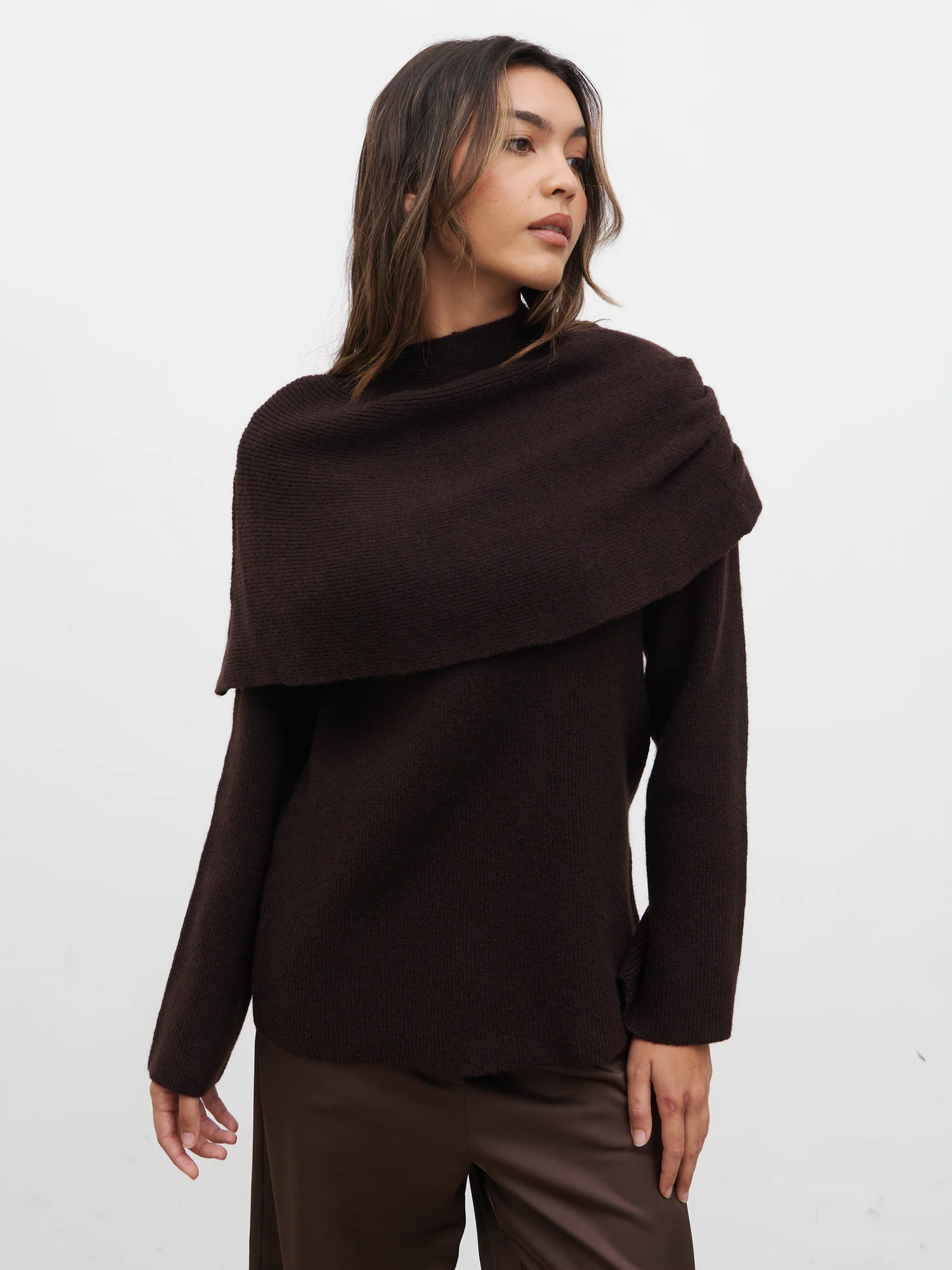Tarla Exaggerated Drape Knit Jumper - Chocolate - Image 2