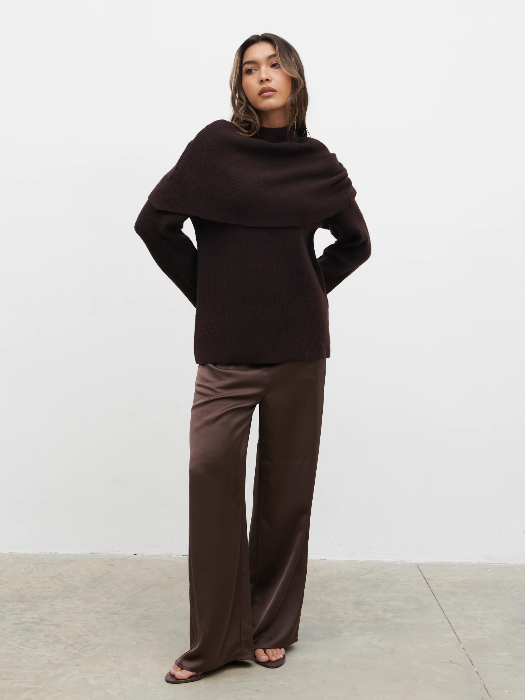 Tarla Exaggerated Drape Knit Jumper - Chocolate - Image 3