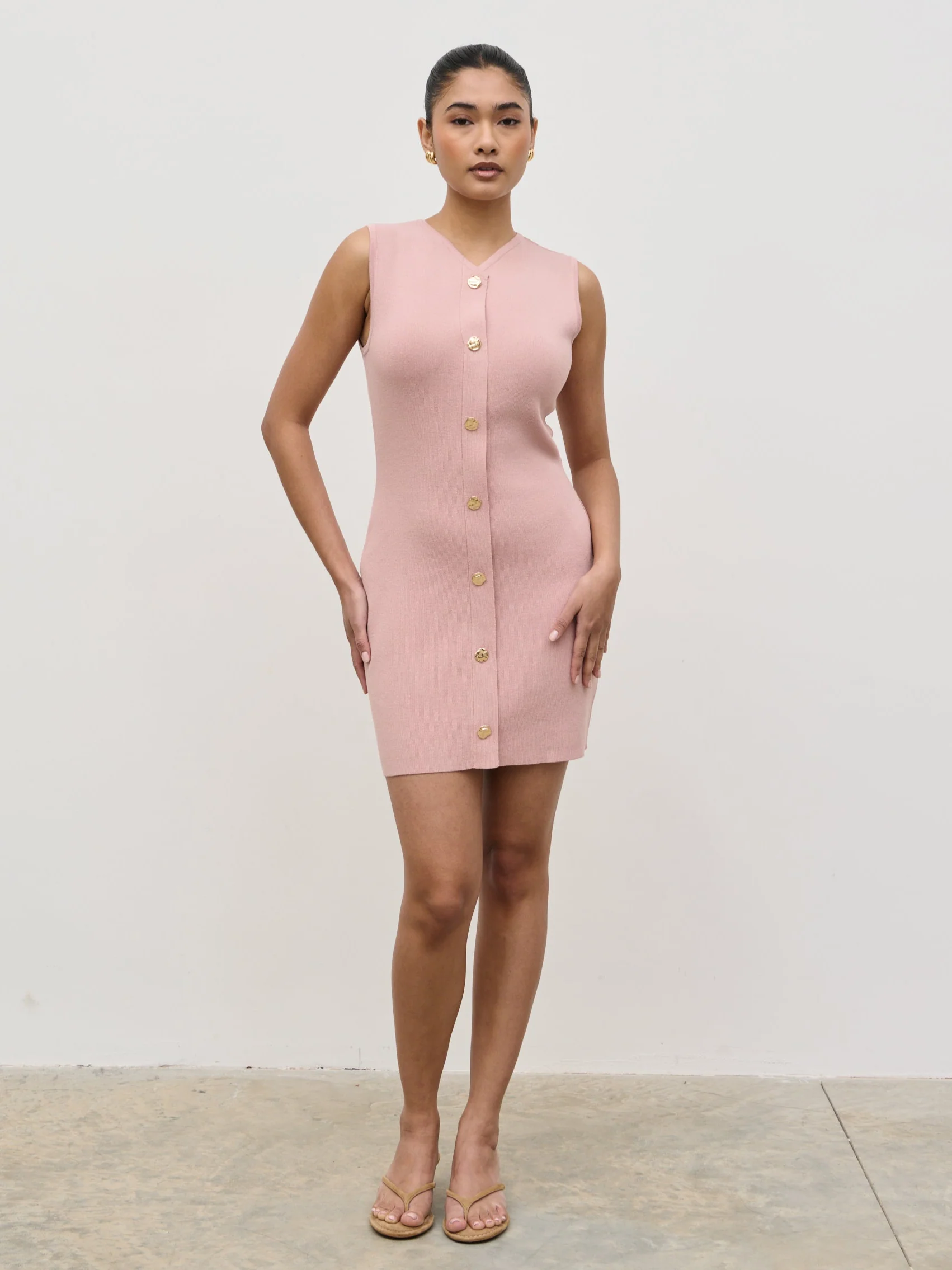 Taylor Button Knit Mini Dress - Pastel Pink - Image 2