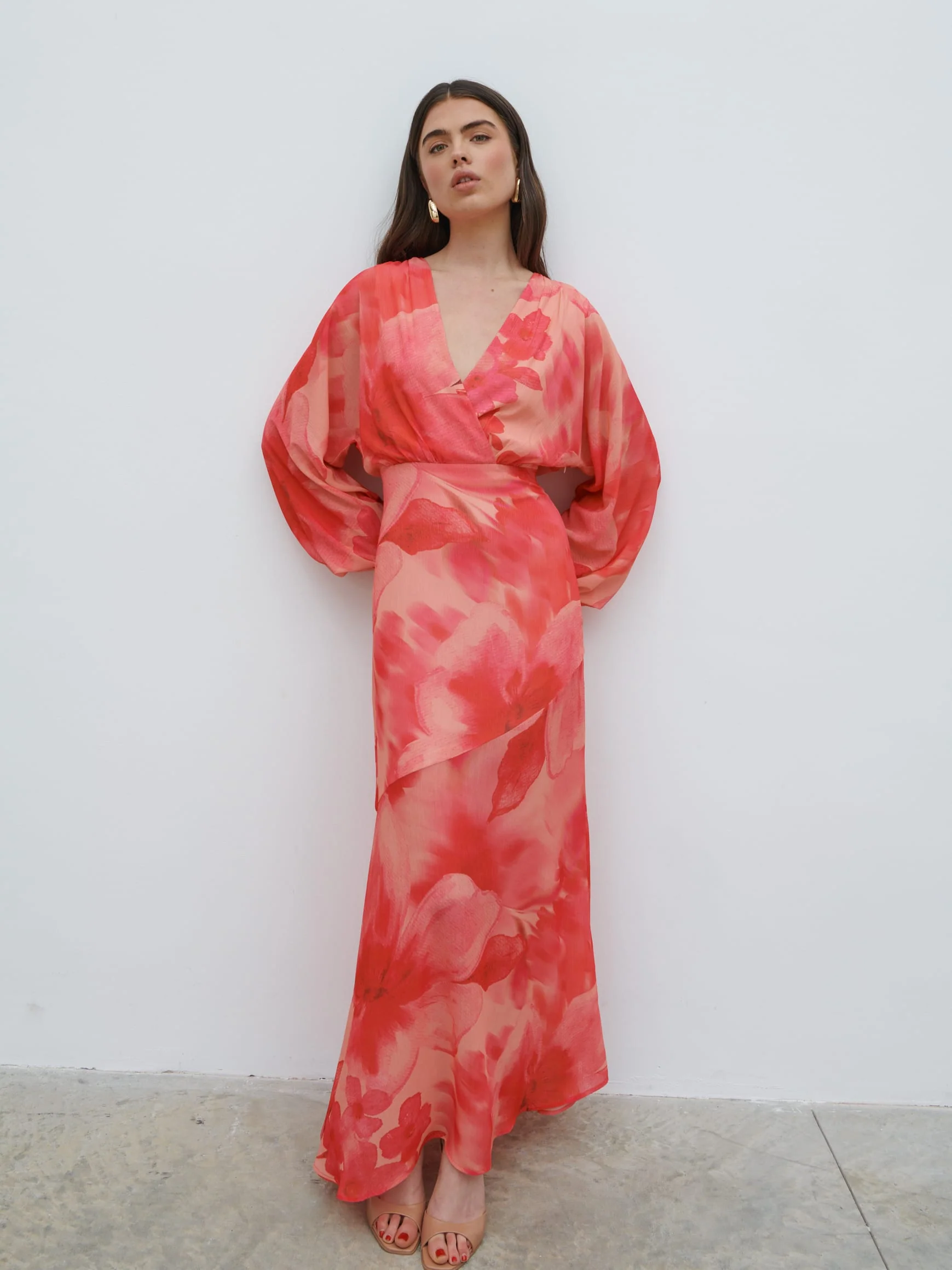 Theia Batwing Maxi Dress - Pink Large Scale Floral - Image 3