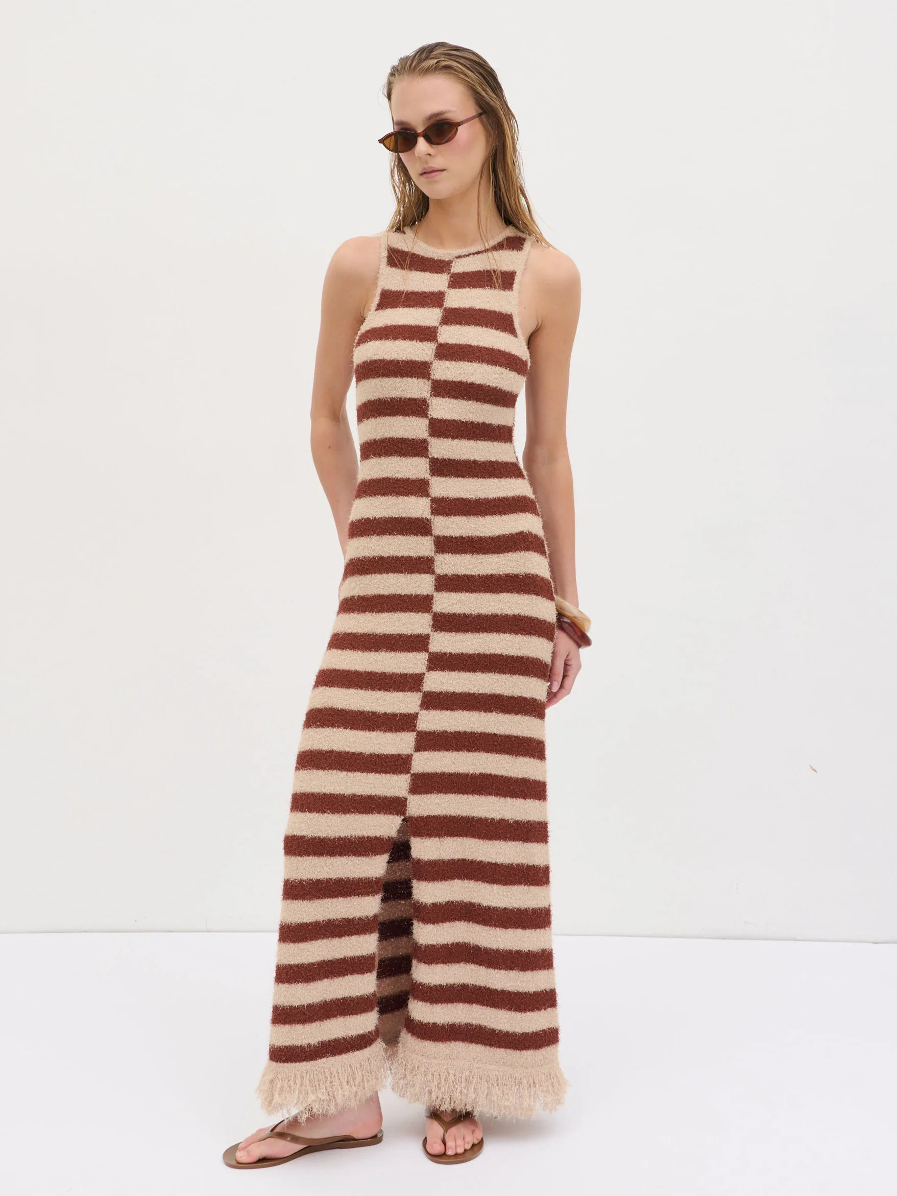 Toscana Stripe Detail Knit Maxi Dress - Brown and Beige - Image 2