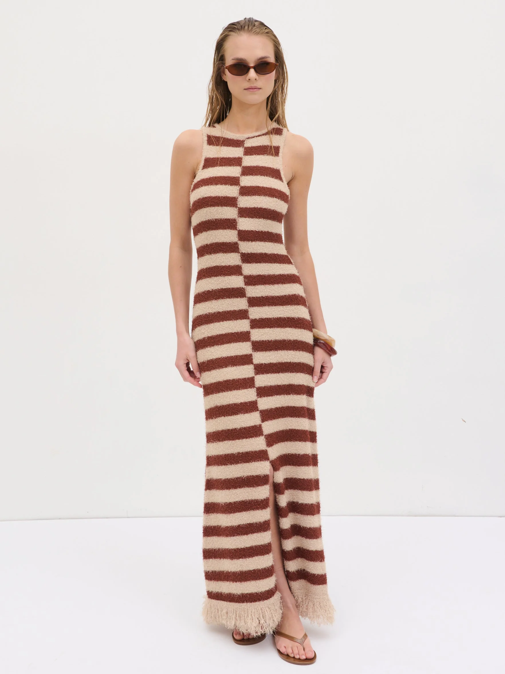 Toscana Stripe Detail Knit Maxi Dress - Brown and Beige - Image 4