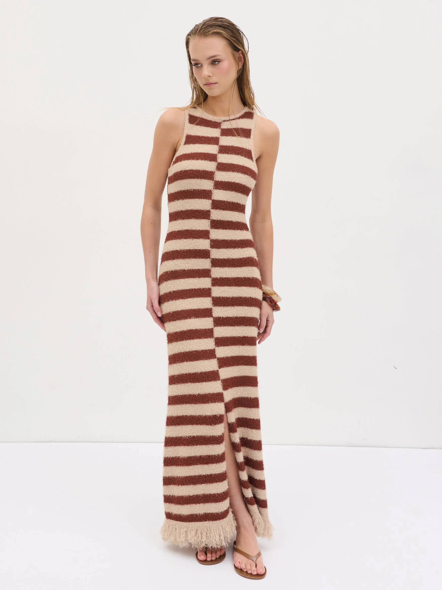 Toscana Stripe Detail Knit Maxi Dress - Brown and Beige - Image 6