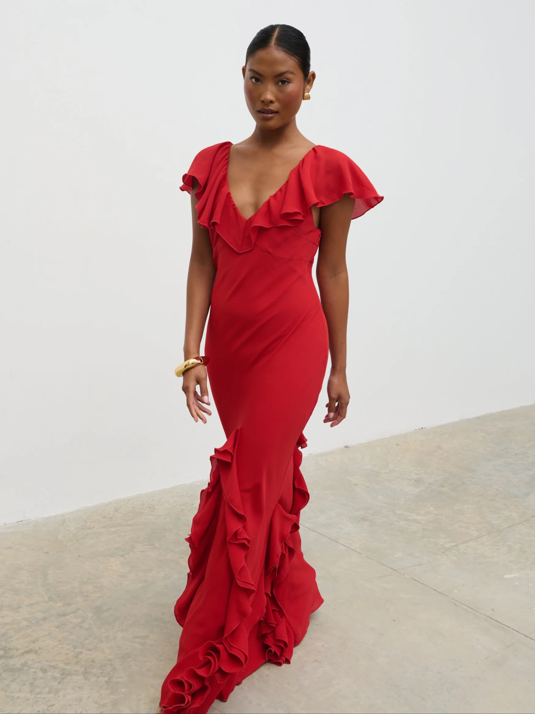 Uma Cap Sleeve Ruffle Maxi Dress - Red - Image 3