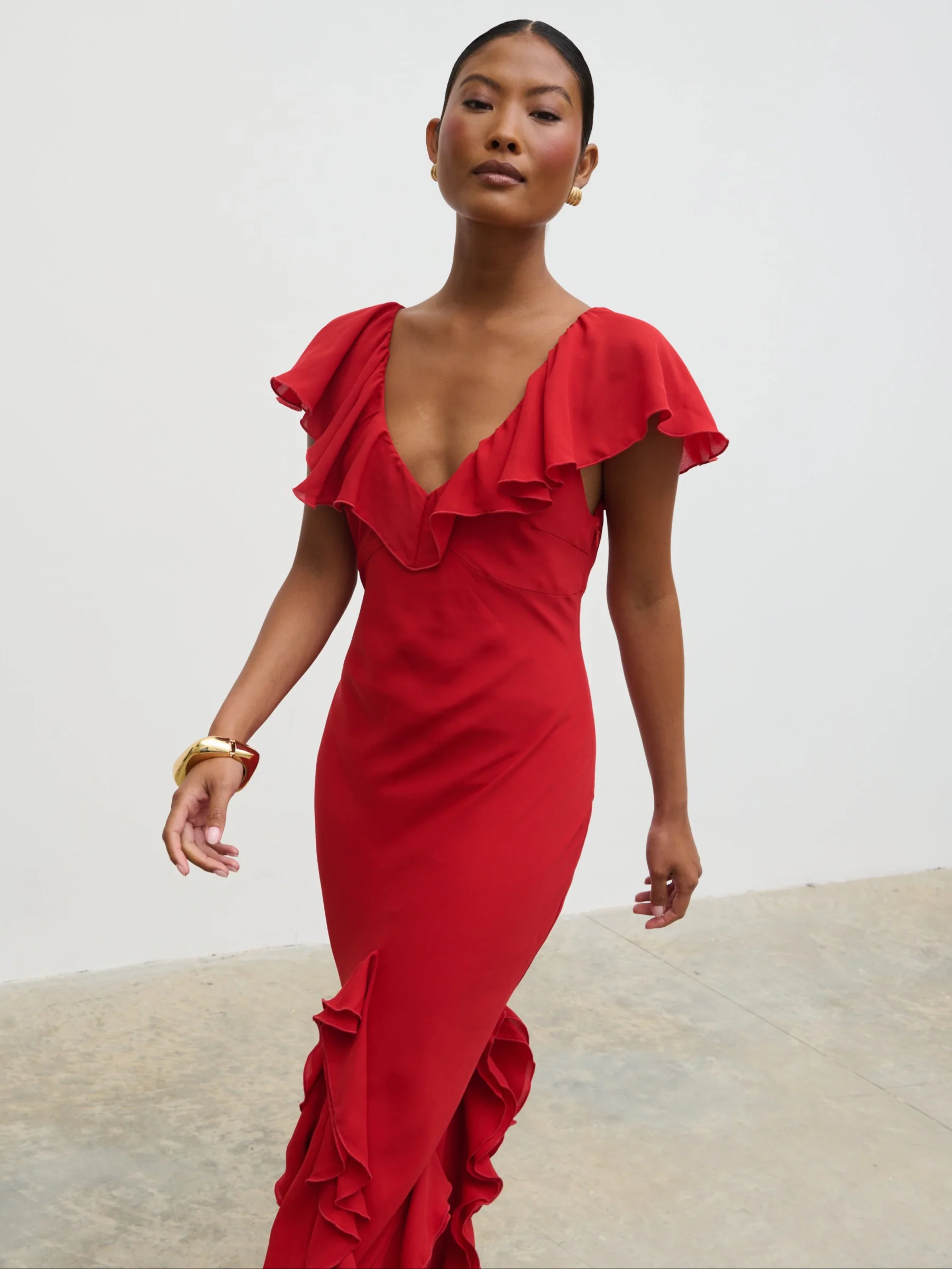 Uma Cap Sleeve Ruffle Maxi Dress - Red - Image 4