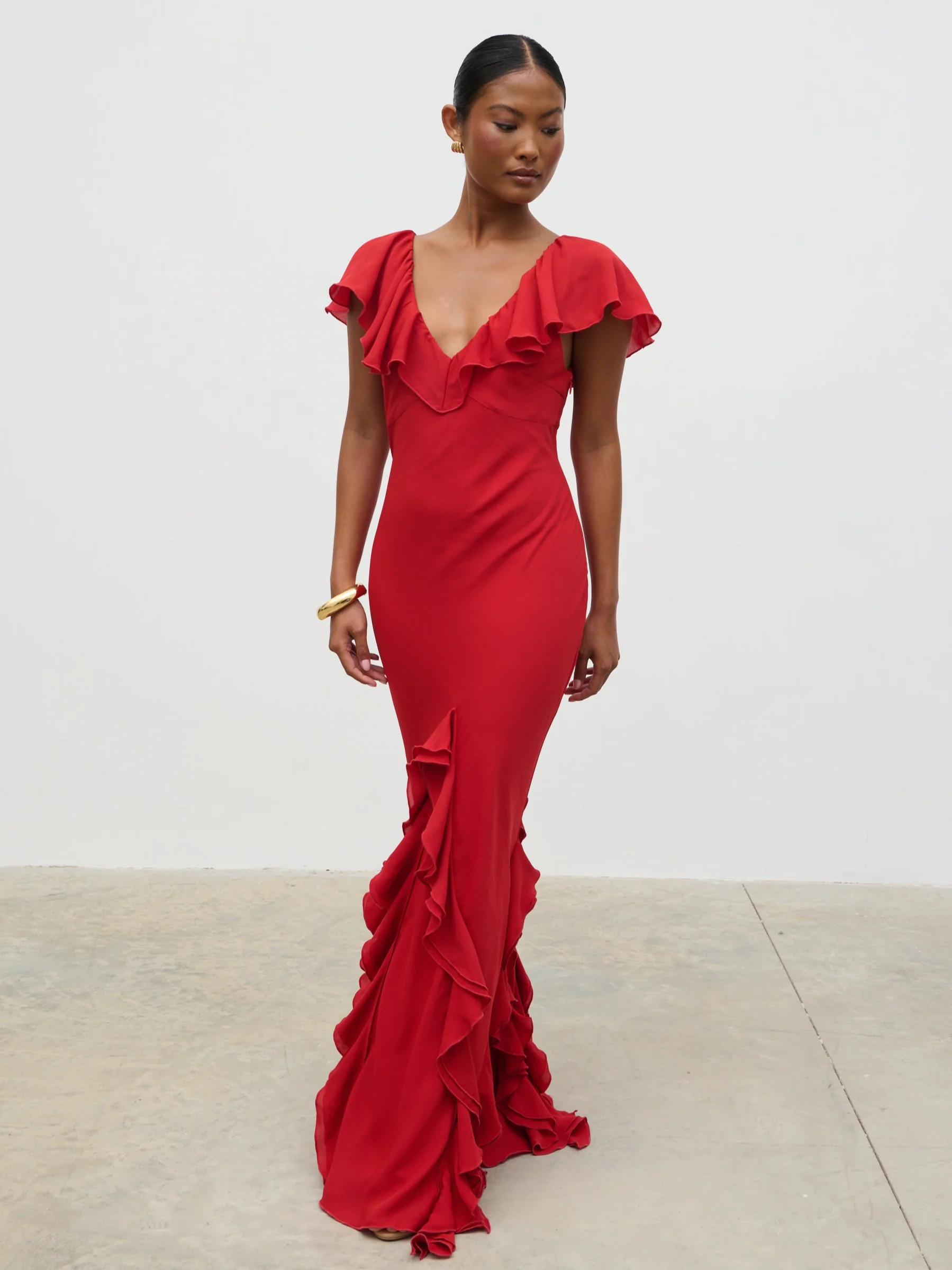 Uma Cap Sleeve Ruffle Maxi Dress - Red - Image 5
