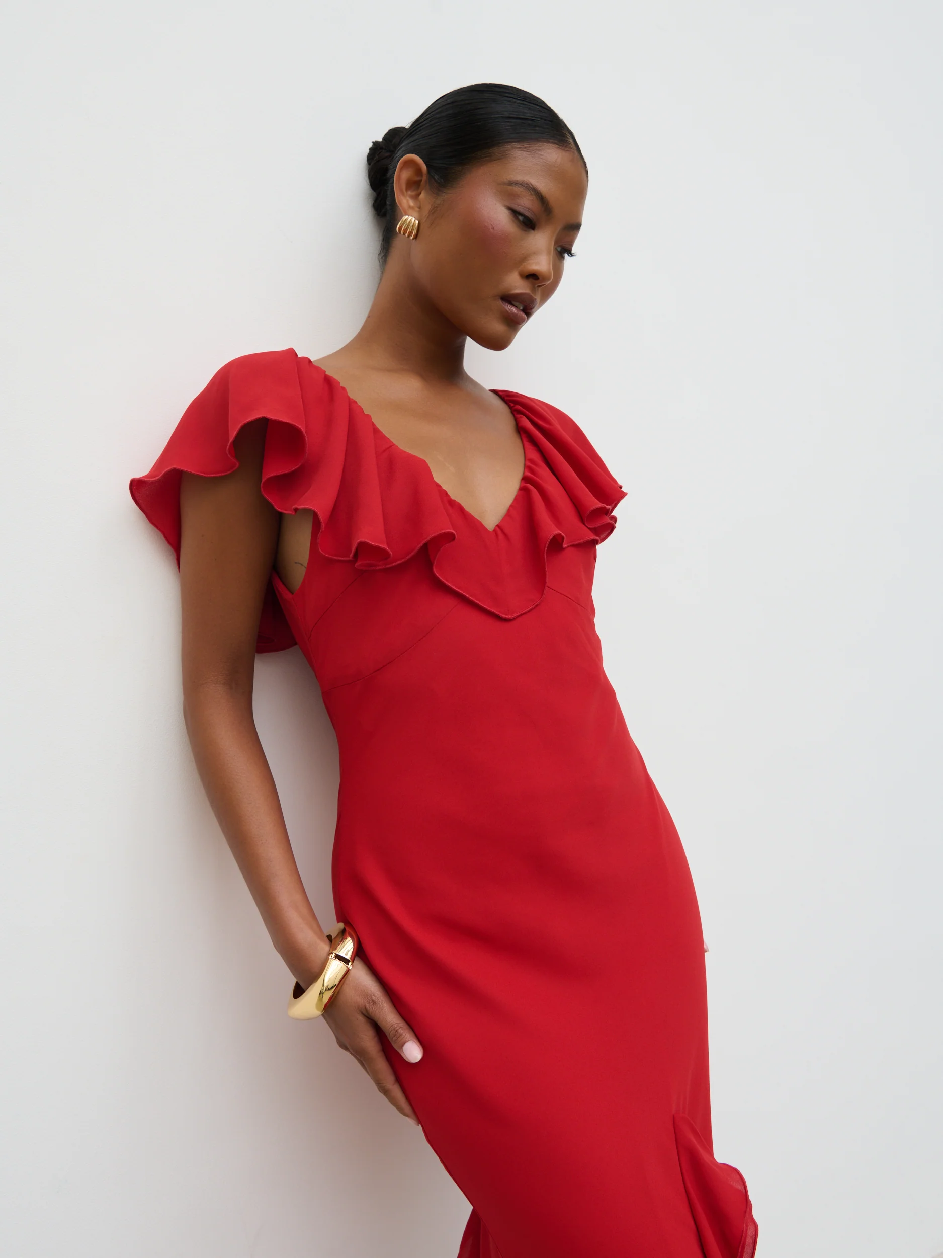Uma Cap Sleeve Ruffle Maxi Dress - Red - Image 6