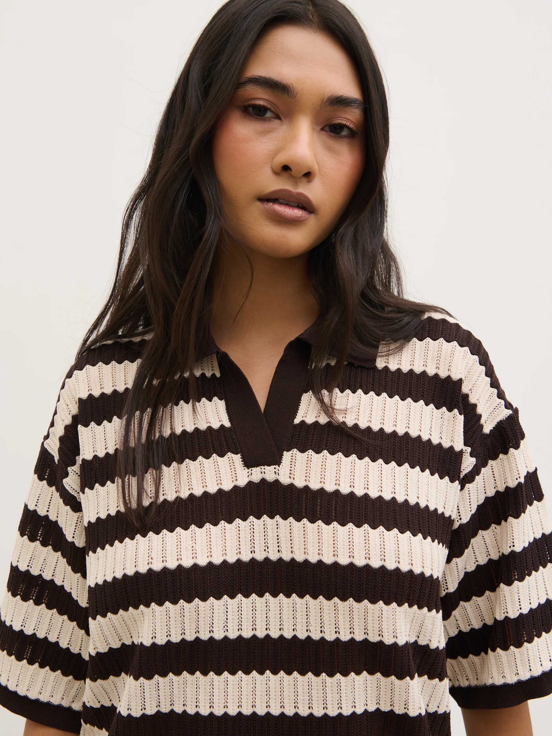Venezia Stripe Knit Polo Top - Brown and Cream - Image 3