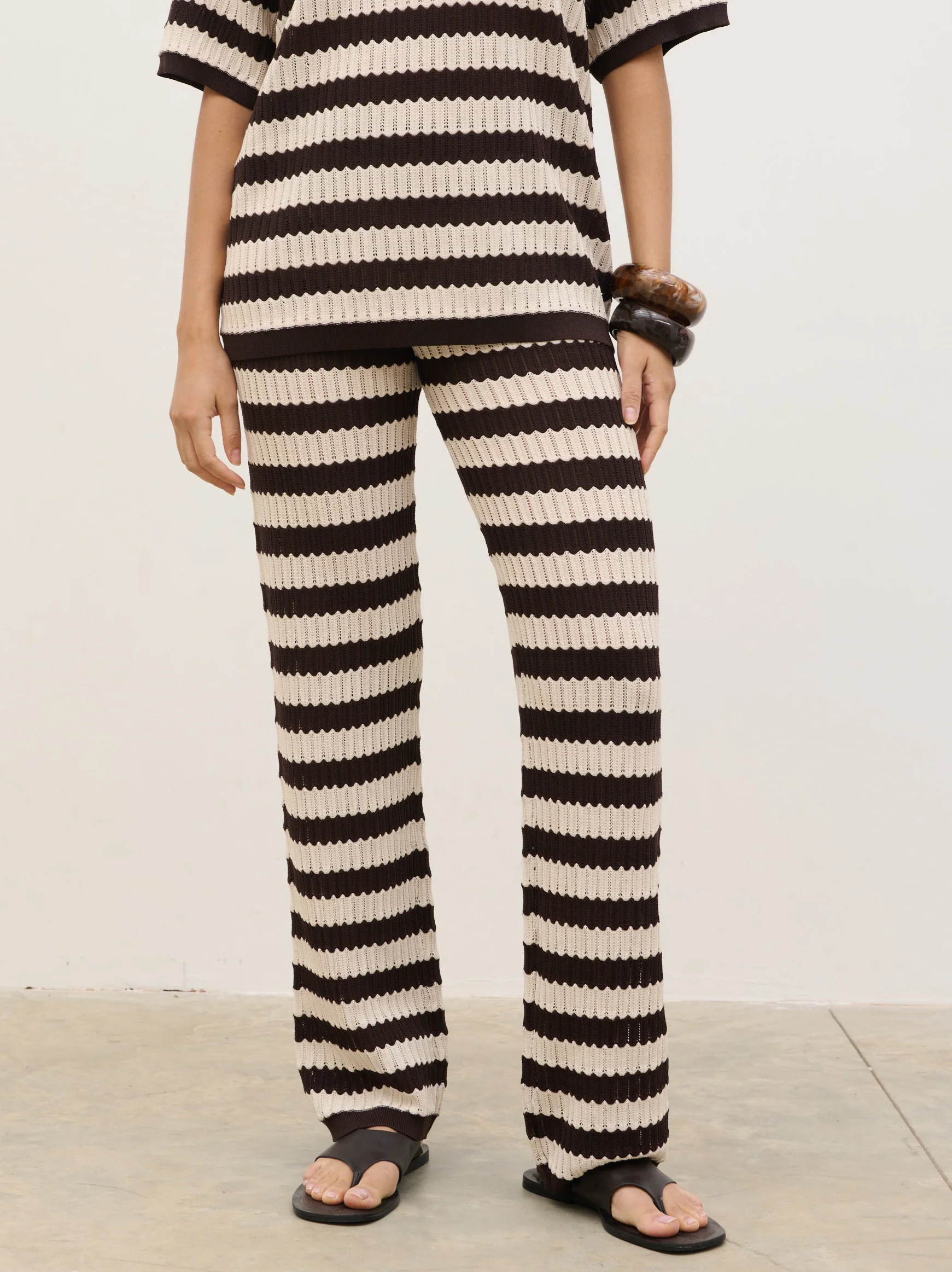 Venezia Stripe Knit Slim Leg Trousers - Brown and Cream - Image 6