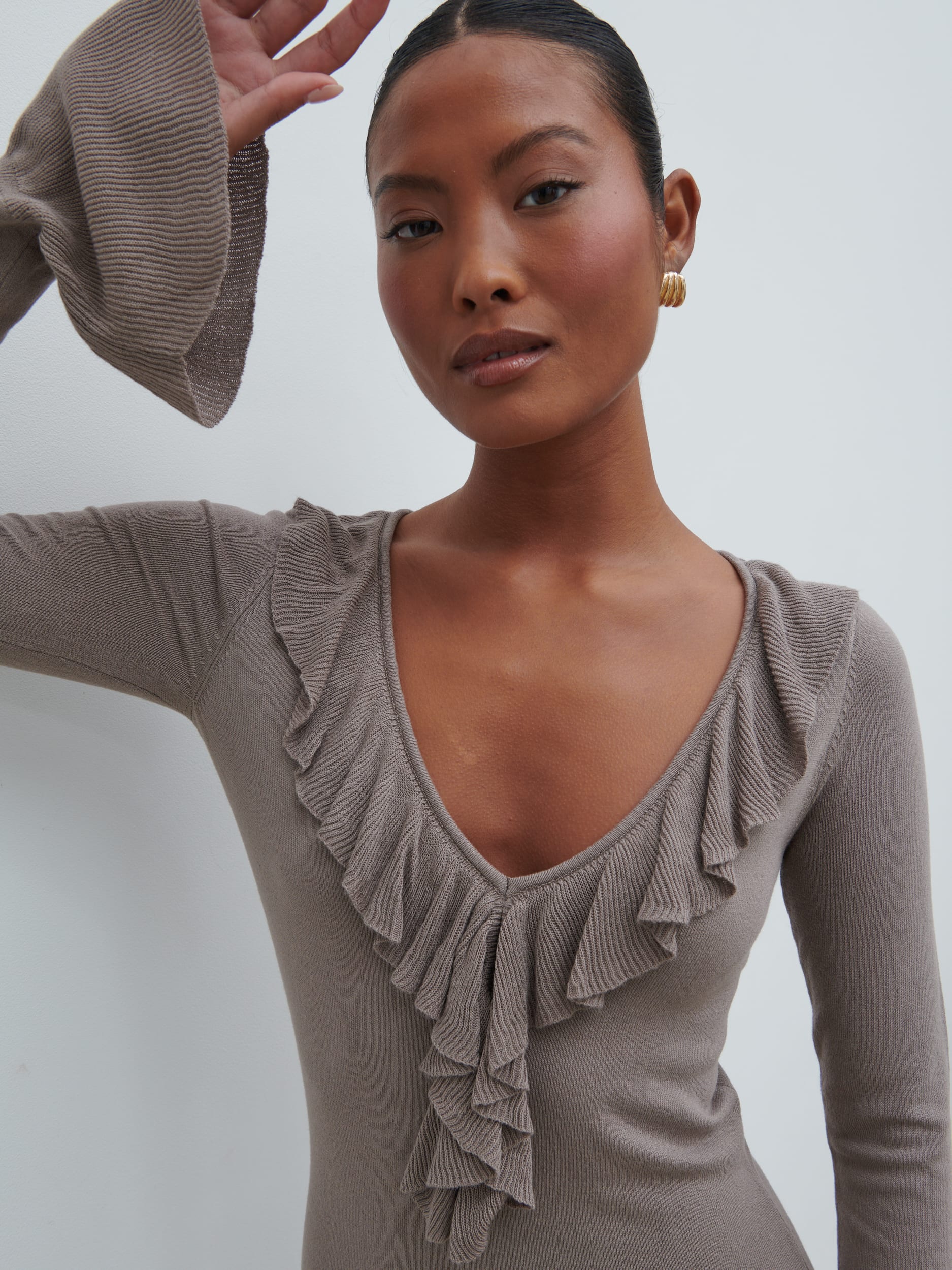 Vera Ruffle Front Knit Midaxi Dress - Stone - Image 2