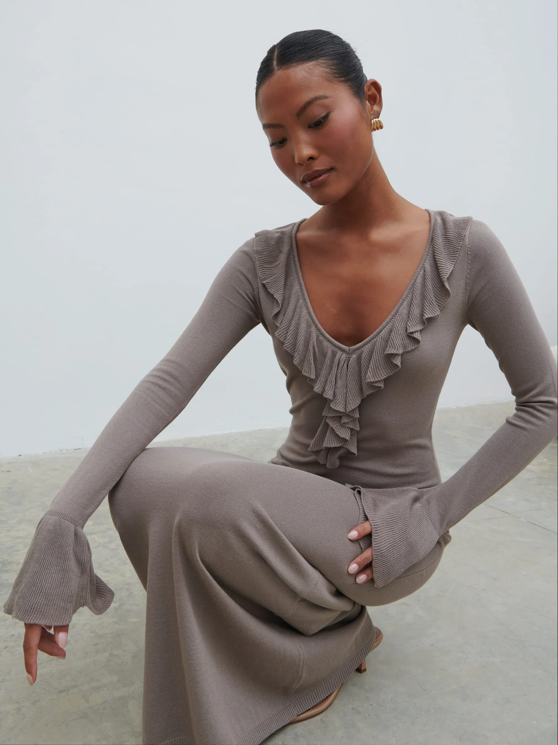 Vera Ruffle Front Knit Midaxi Dress - Stone - Image 3