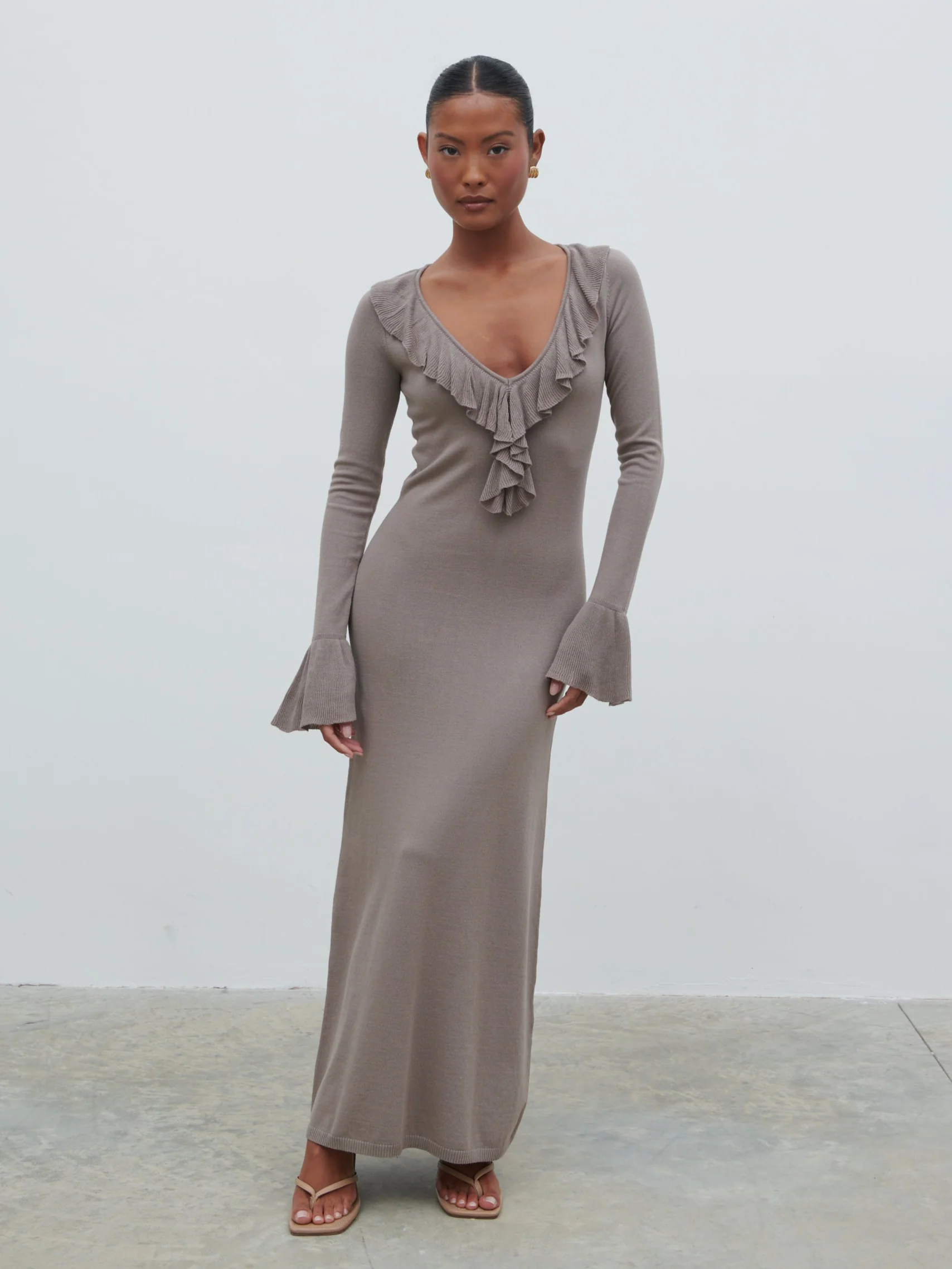 Vera Ruffle Front Knit Midaxi Dress - Stone - Image 4