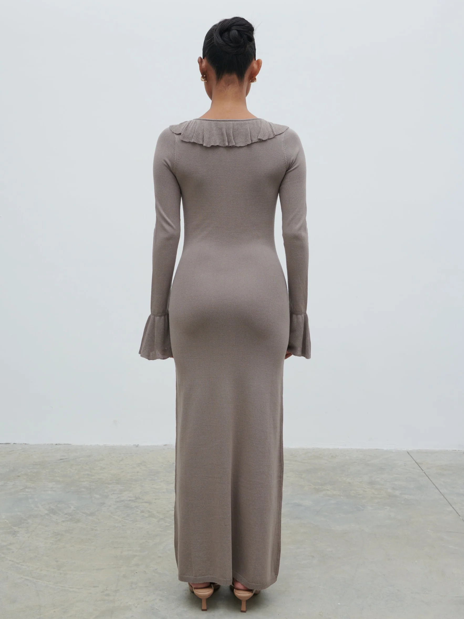 Vera Ruffle Front Knit Midaxi Dress - Stone - Image 6