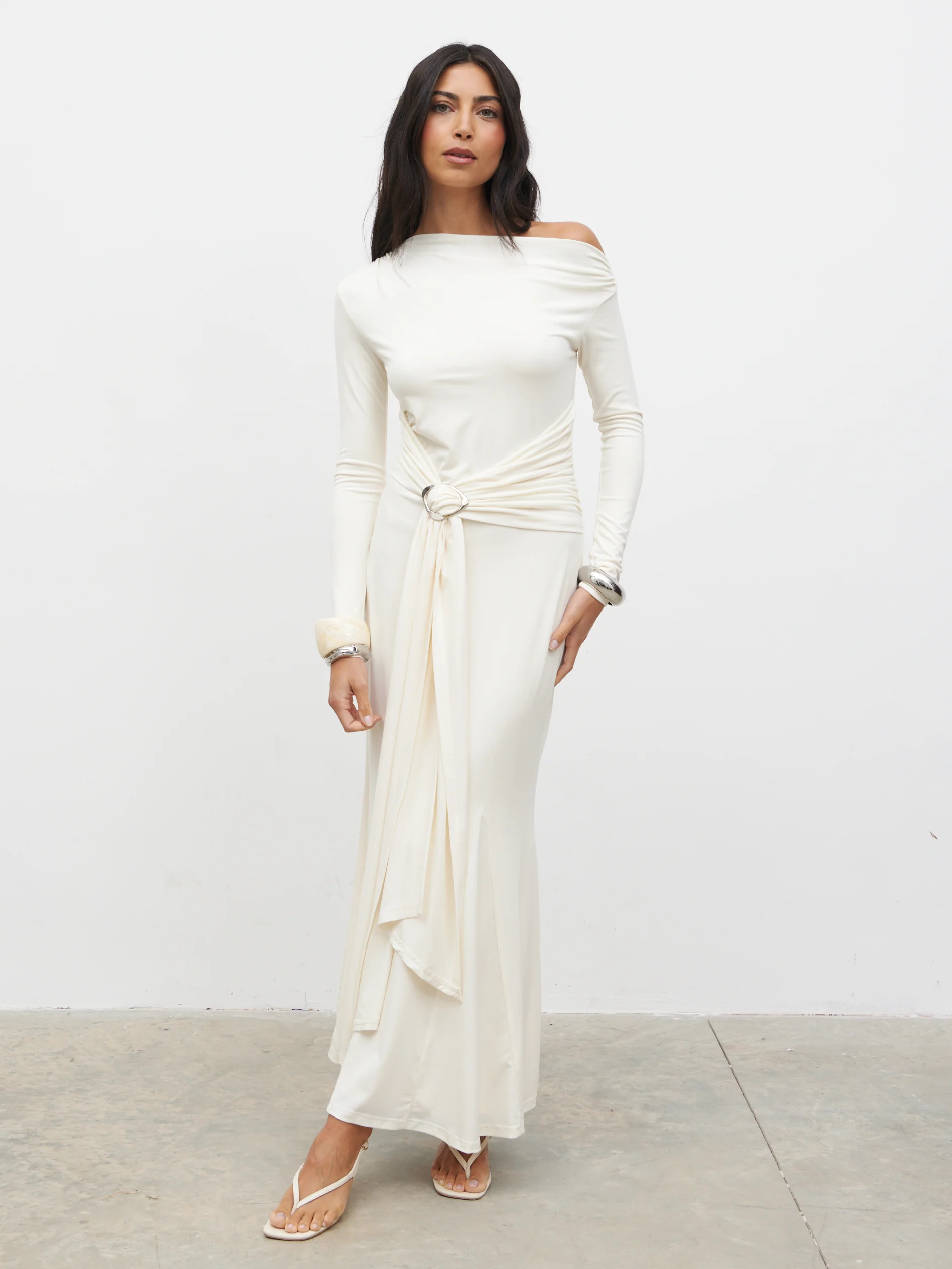Yarelia Ruched Trim Jersey Maxi Dress - Cream - Image 5