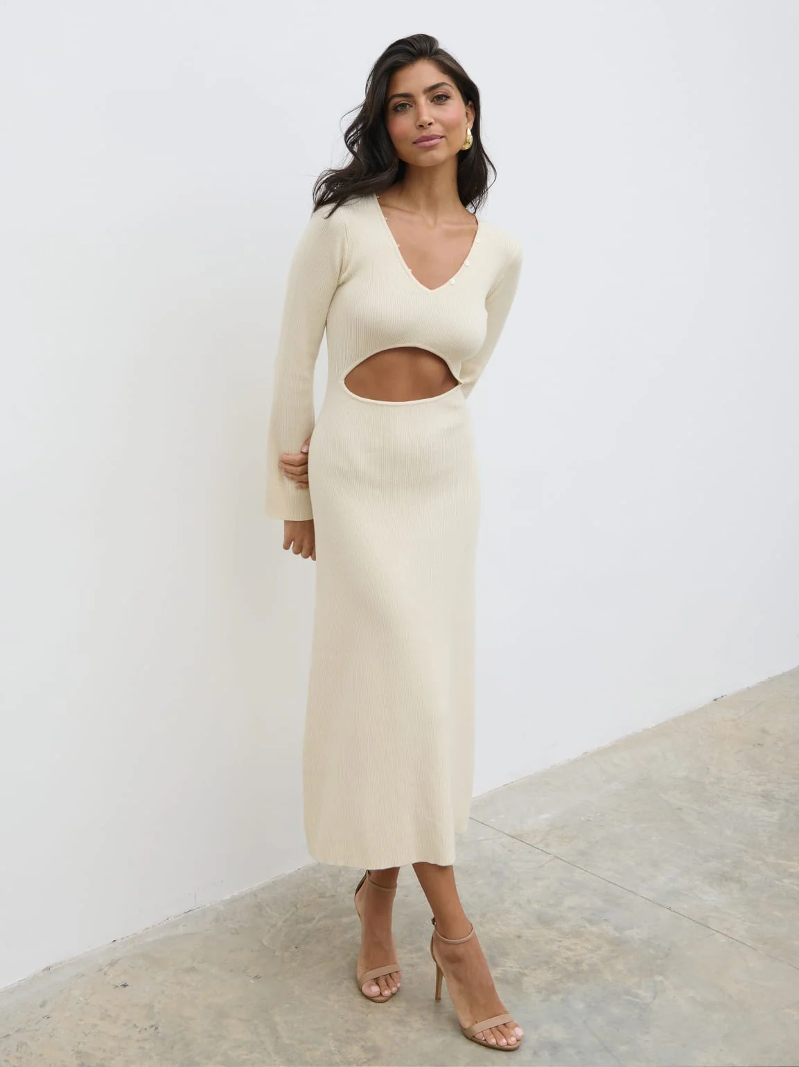 Zahra Cut Out Knit Midaxi Dress - Cream - Image 4