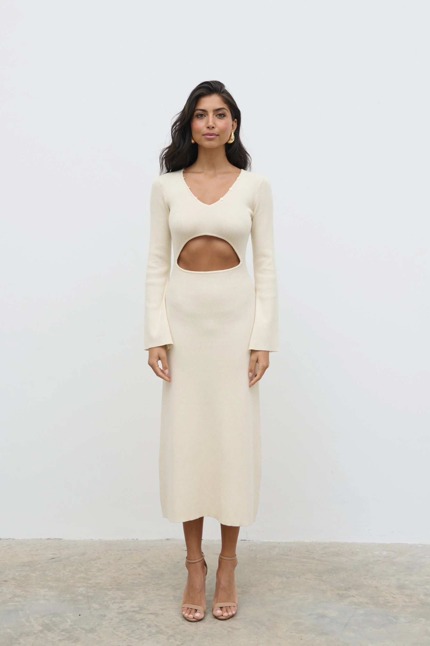 Zahra Cut Out Knit Midaxi Dress - Cream - Image 5