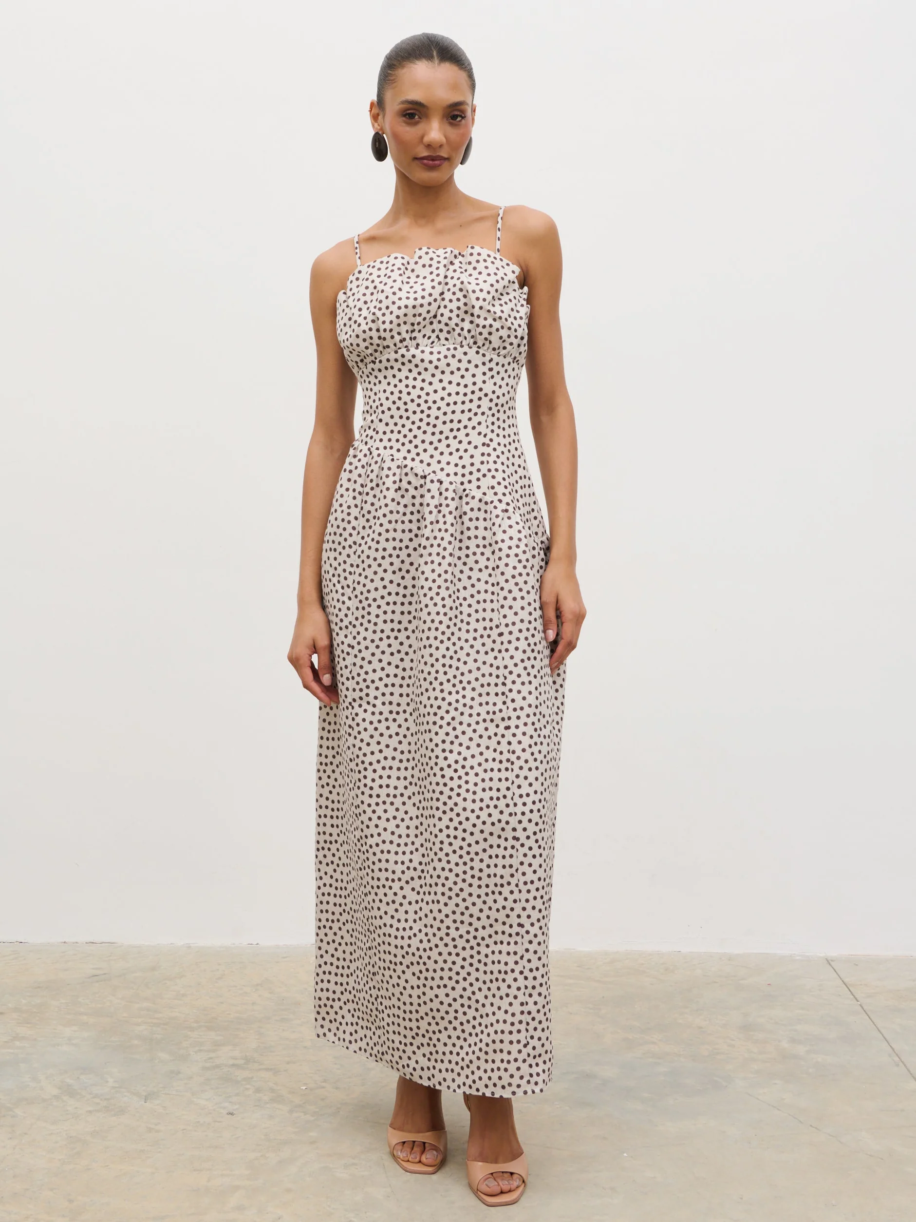 Zaria Corset Detail Maxi Dress - Cream and Brown Polkadot - Image 2