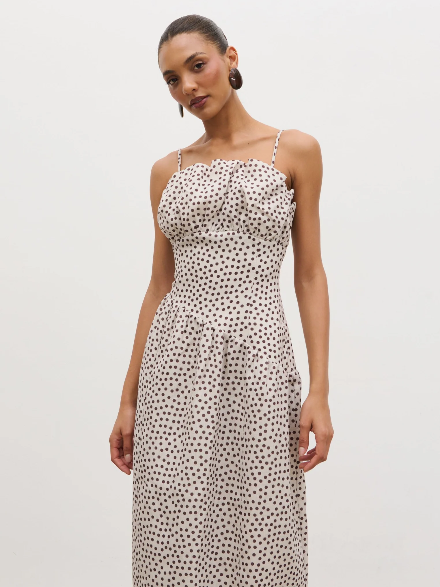 Zaria Corset Detail Maxi Dress - Cream and Brown Polkadot - Image 3