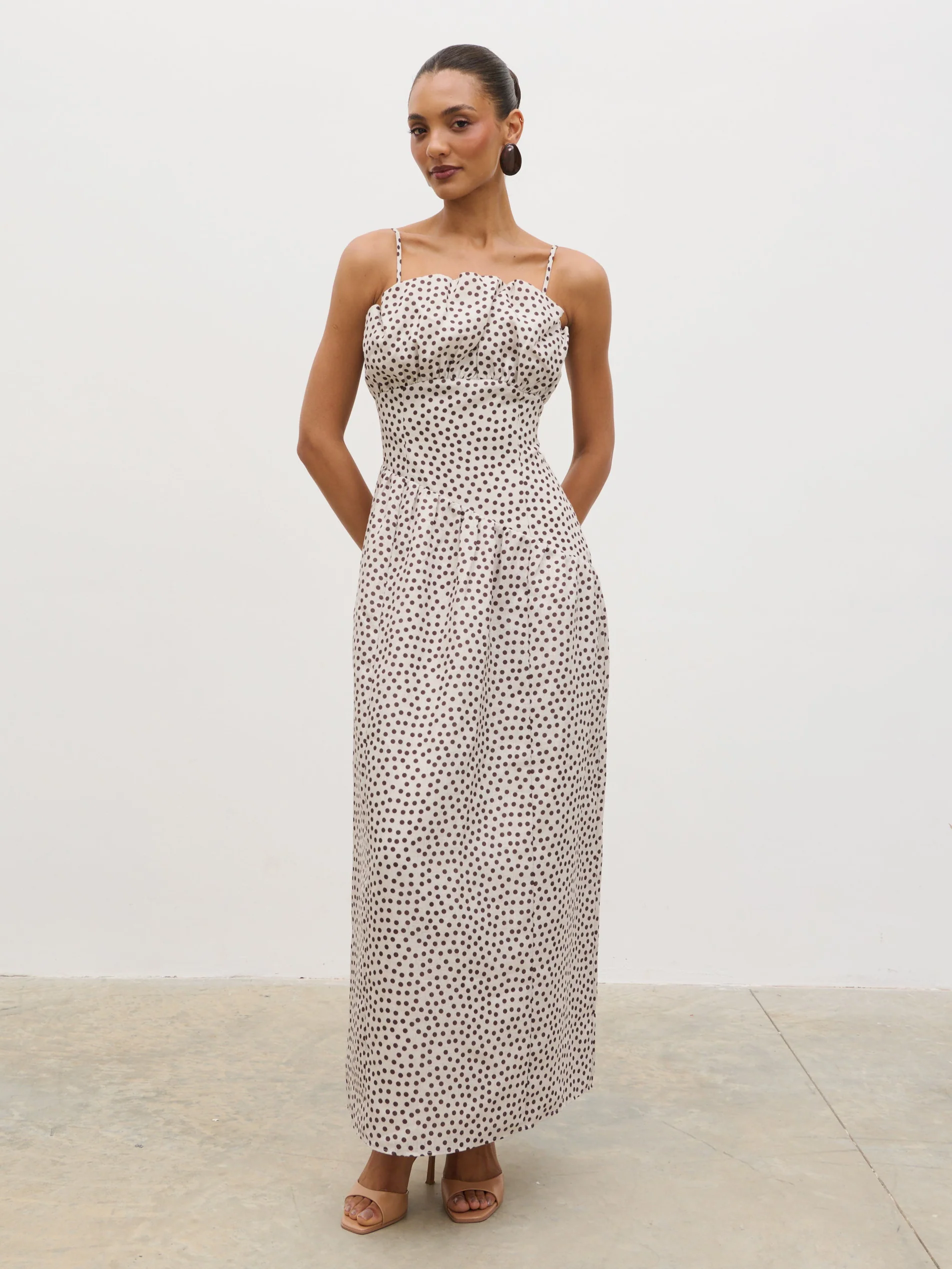 Zaria Corset Detail Maxi Dress - Cream and Brown Polkadot - Image 4