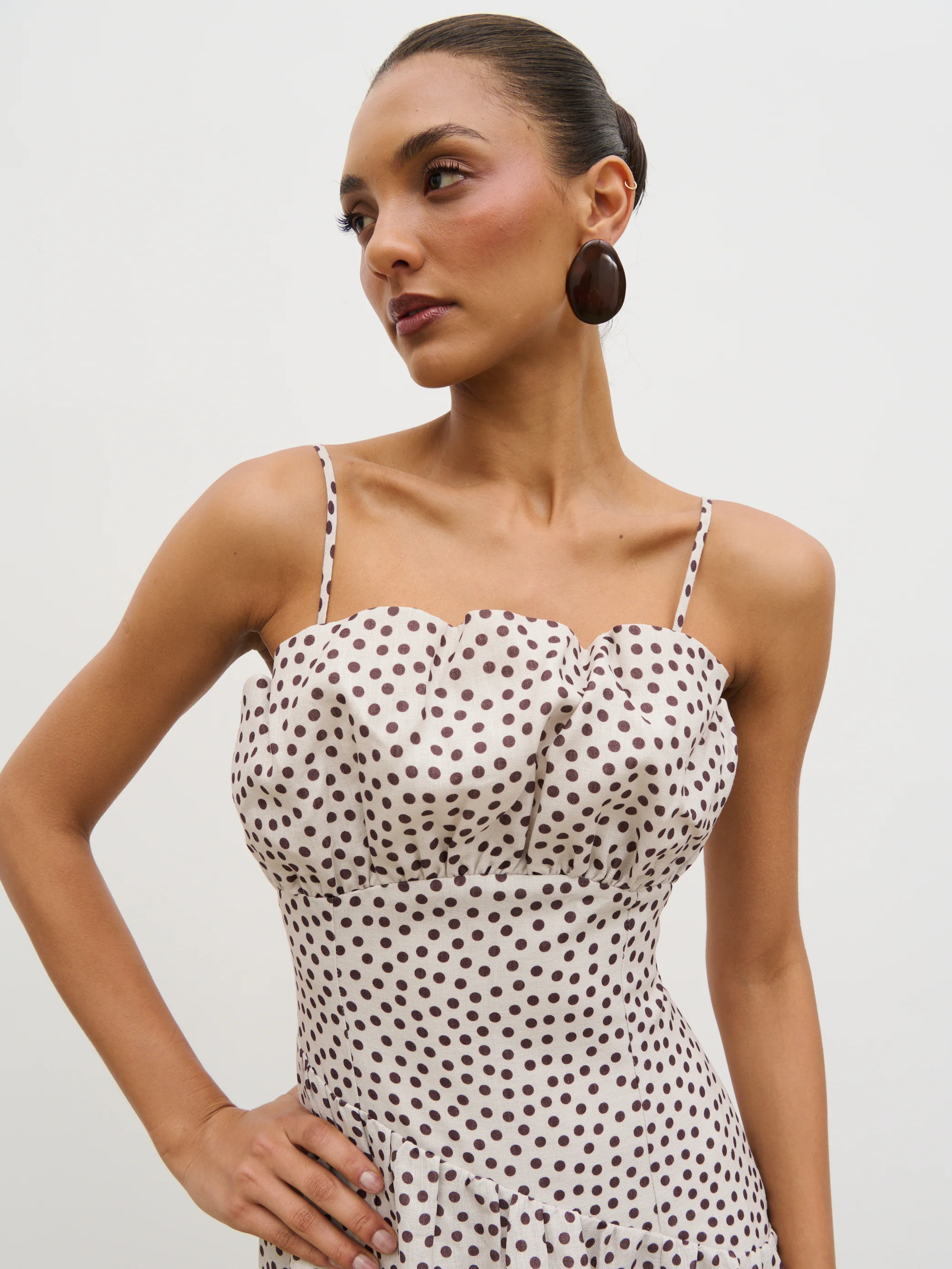 Zaria Corset Detail Maxi Dress - Cream and Brown Polkadot - Image 5