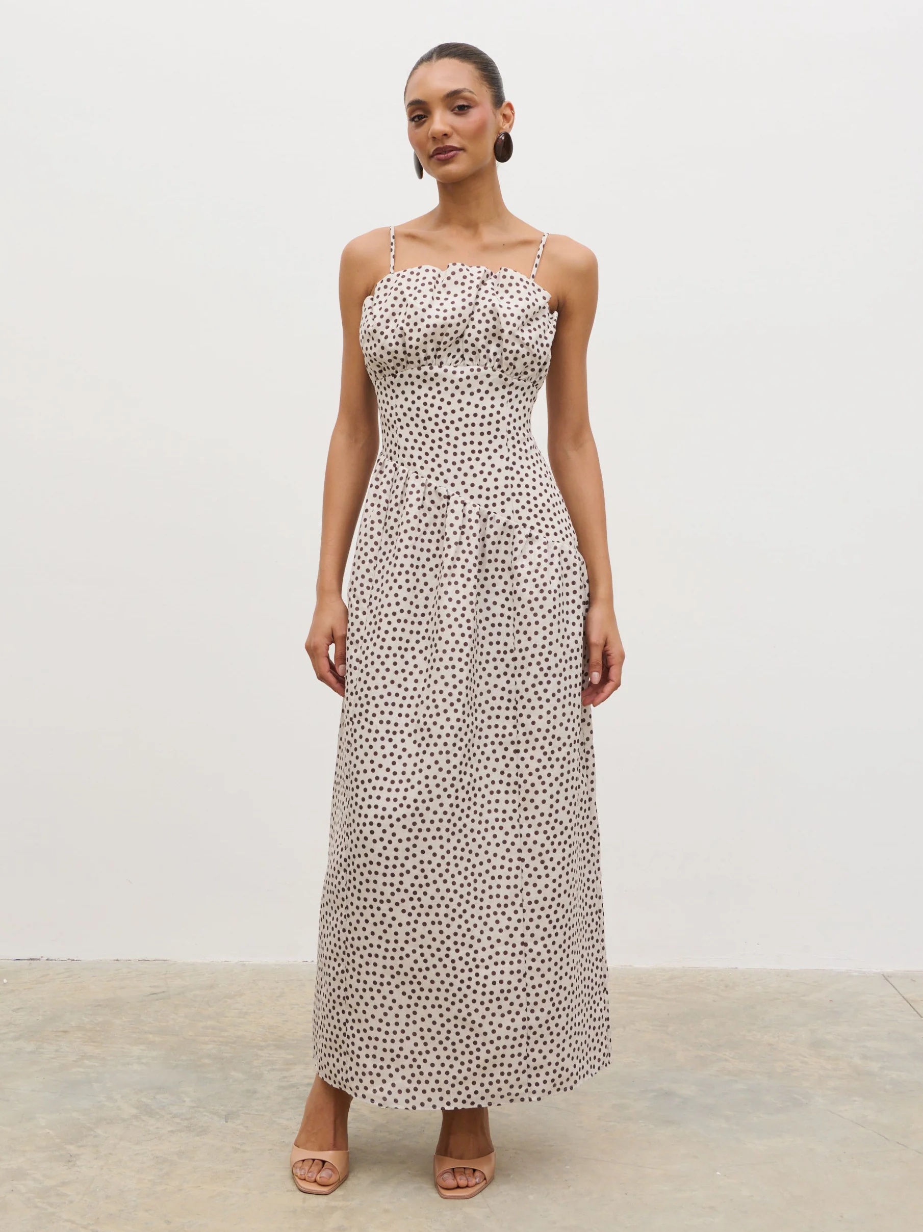 Zaria Corset Detail Maxi Dress - Cream and Brown Polkadot - Image 6