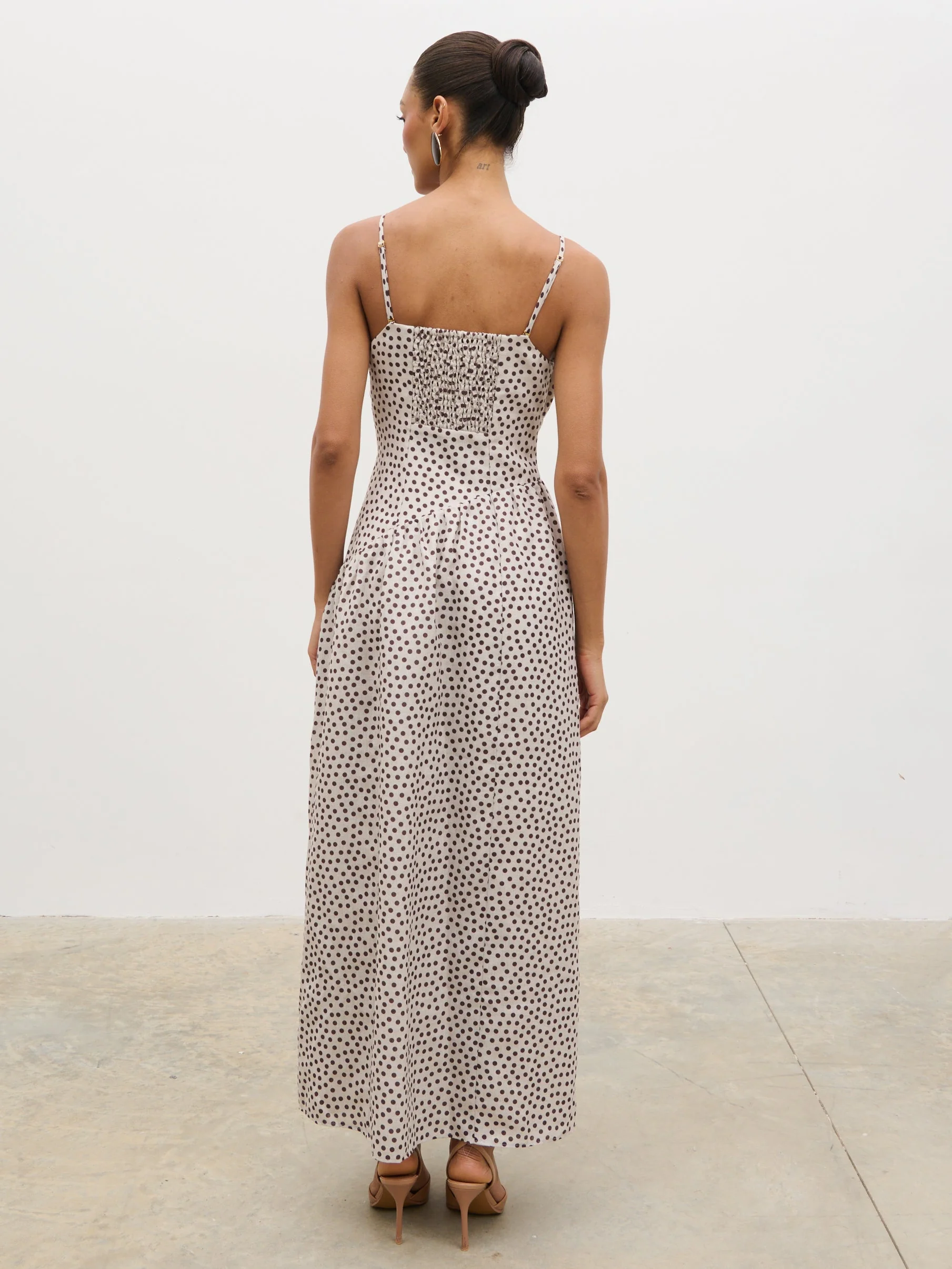 Zaria Corset Detail Maxi Dress - Cream and Brown Polkadot - Image 7