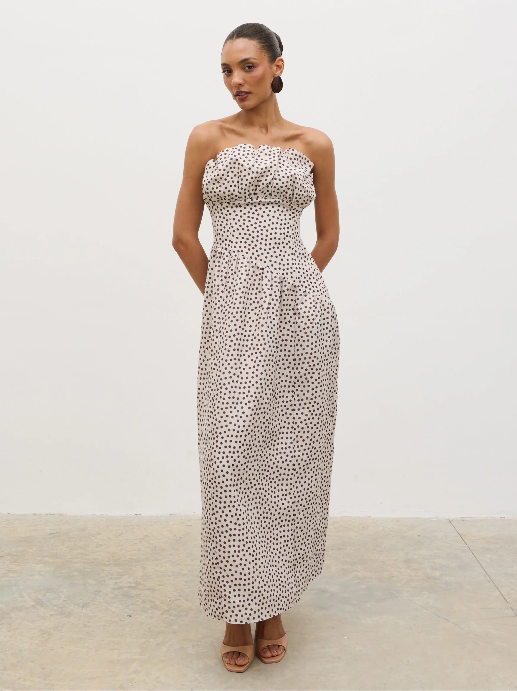 Zaria Corset Detail Maxi Dress - Cream and Brown Polkadot - Image 8