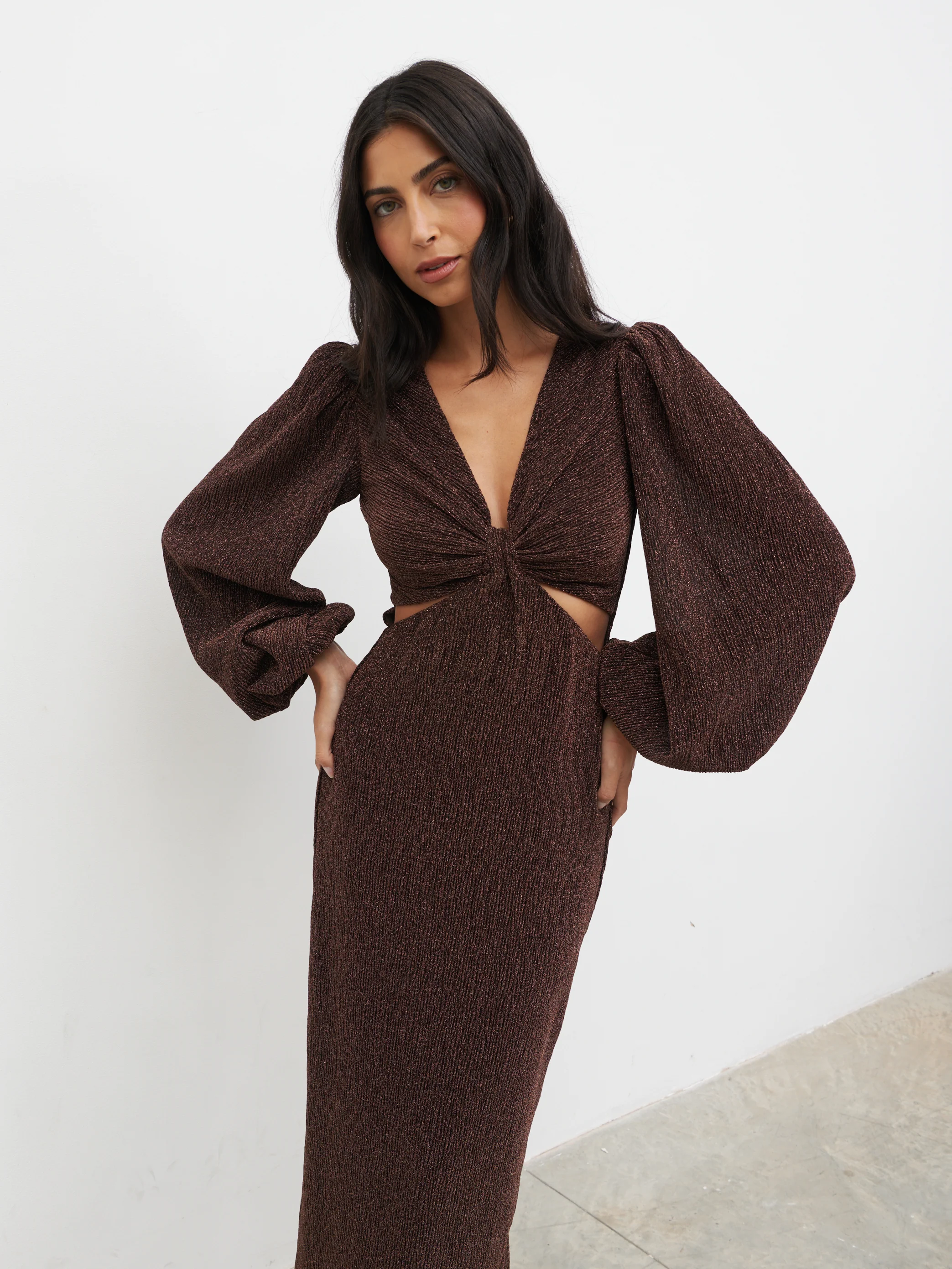 Zaya Lurex Metallic Maxi Dress - Brown - Image 3