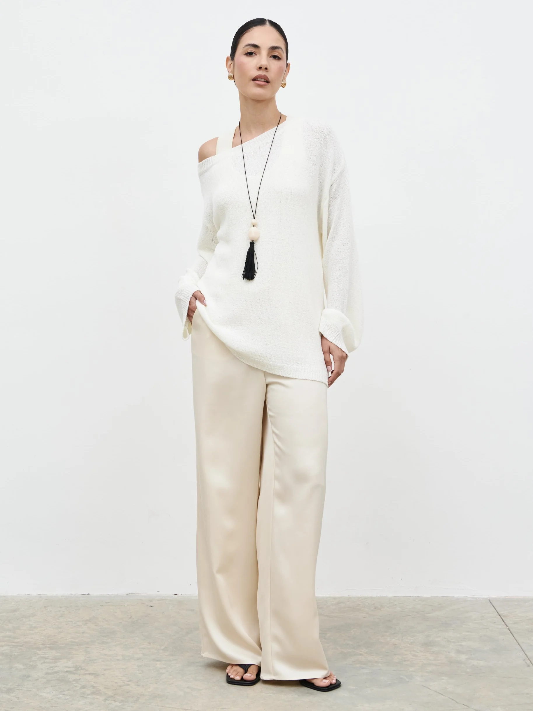 Zelia Fine Knit Off Shoulder Jumper - stone - Image 3